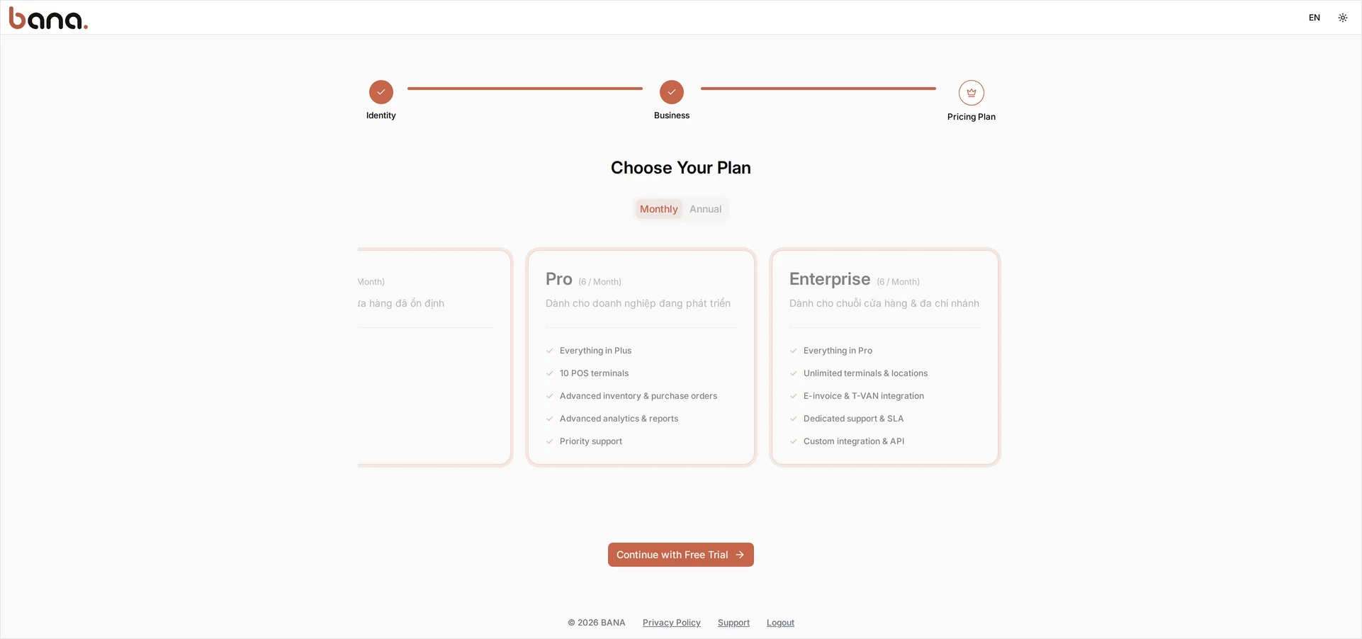 The Choose Your Plan step with the Monthly tab active, Annual greyed out, a scrollable row of plan cards listing what each plan includes, and the Continue with Free Trial button below