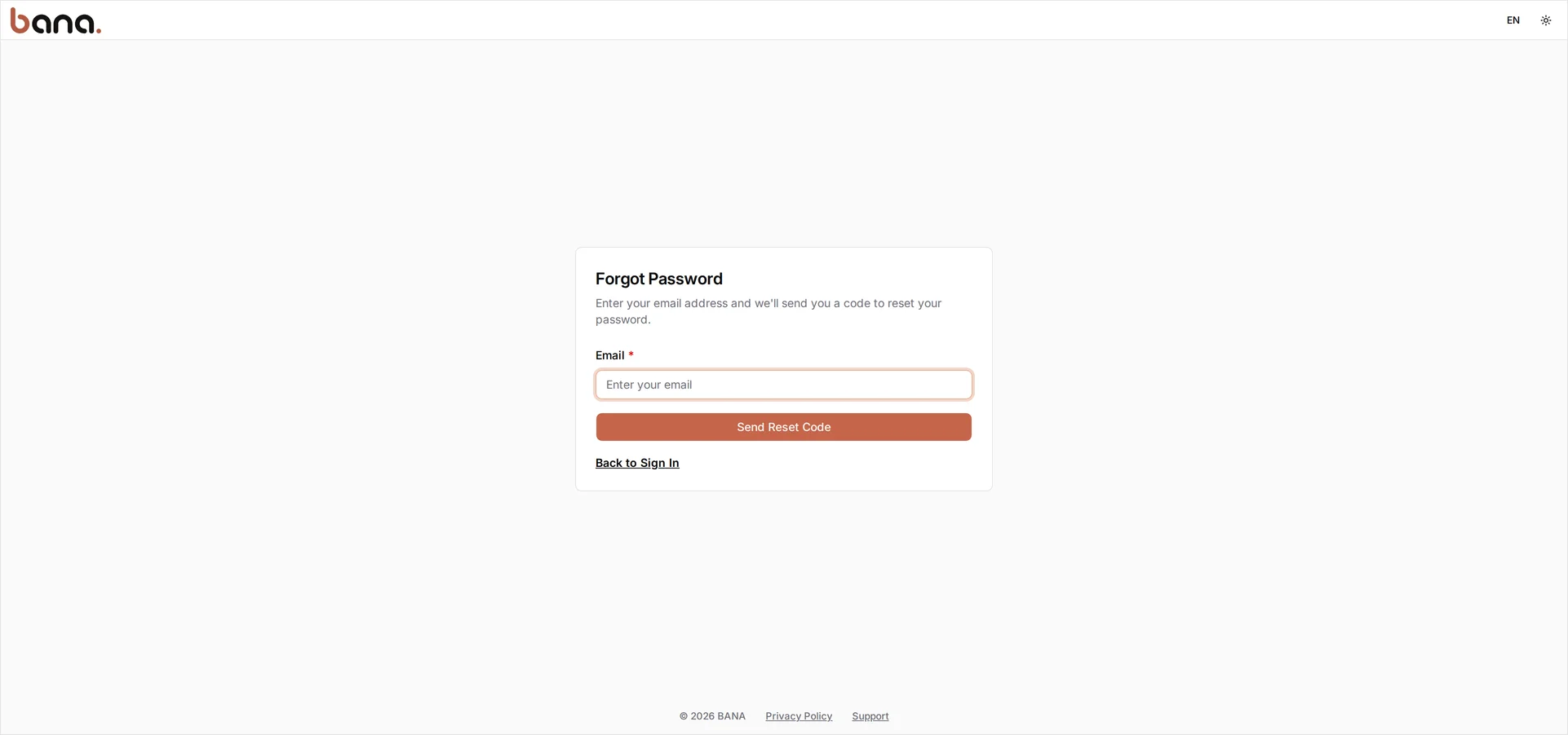 The Forgot Password screen with an Email field, a Send Reset Code button, and a Back to Sign In link