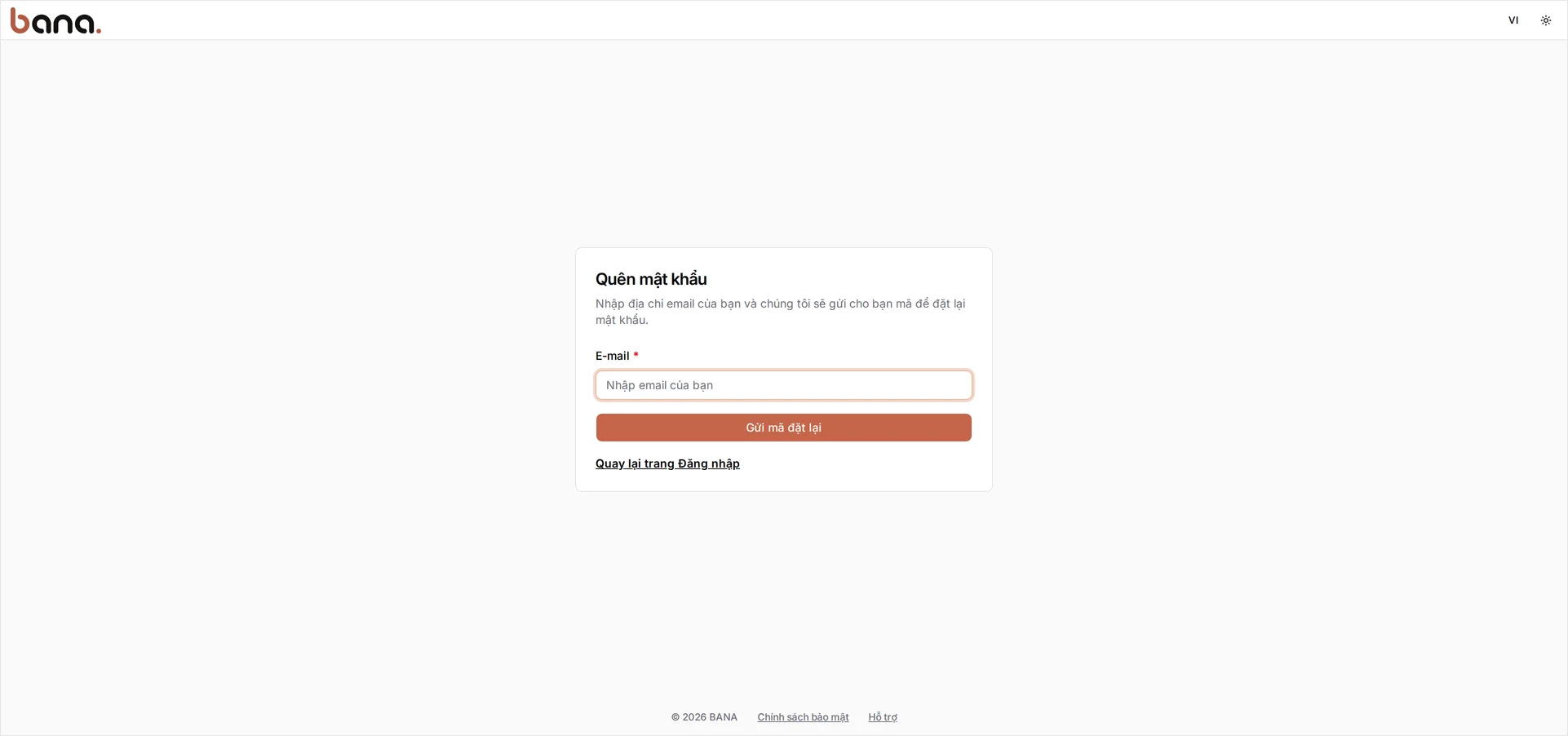 Màn hình Quên mật khẩu với ô E-mail, nút Gửi mã đặt lại và liên kết Quay lại trang Đăng nhập
