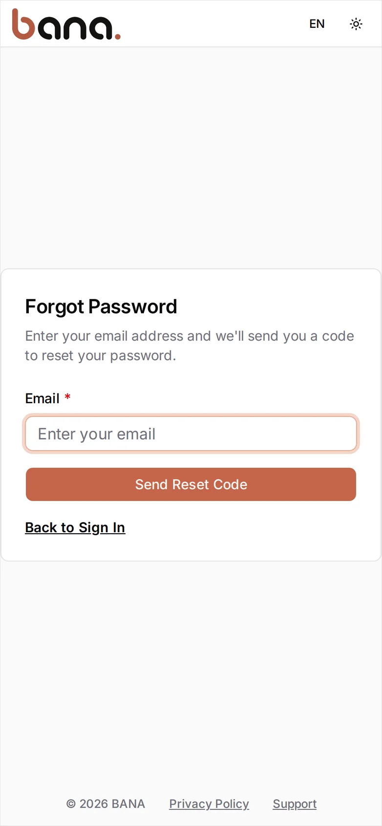 The Forgot Password screen with an Email field, a Send Reset Code button, and a Back to Sign In link