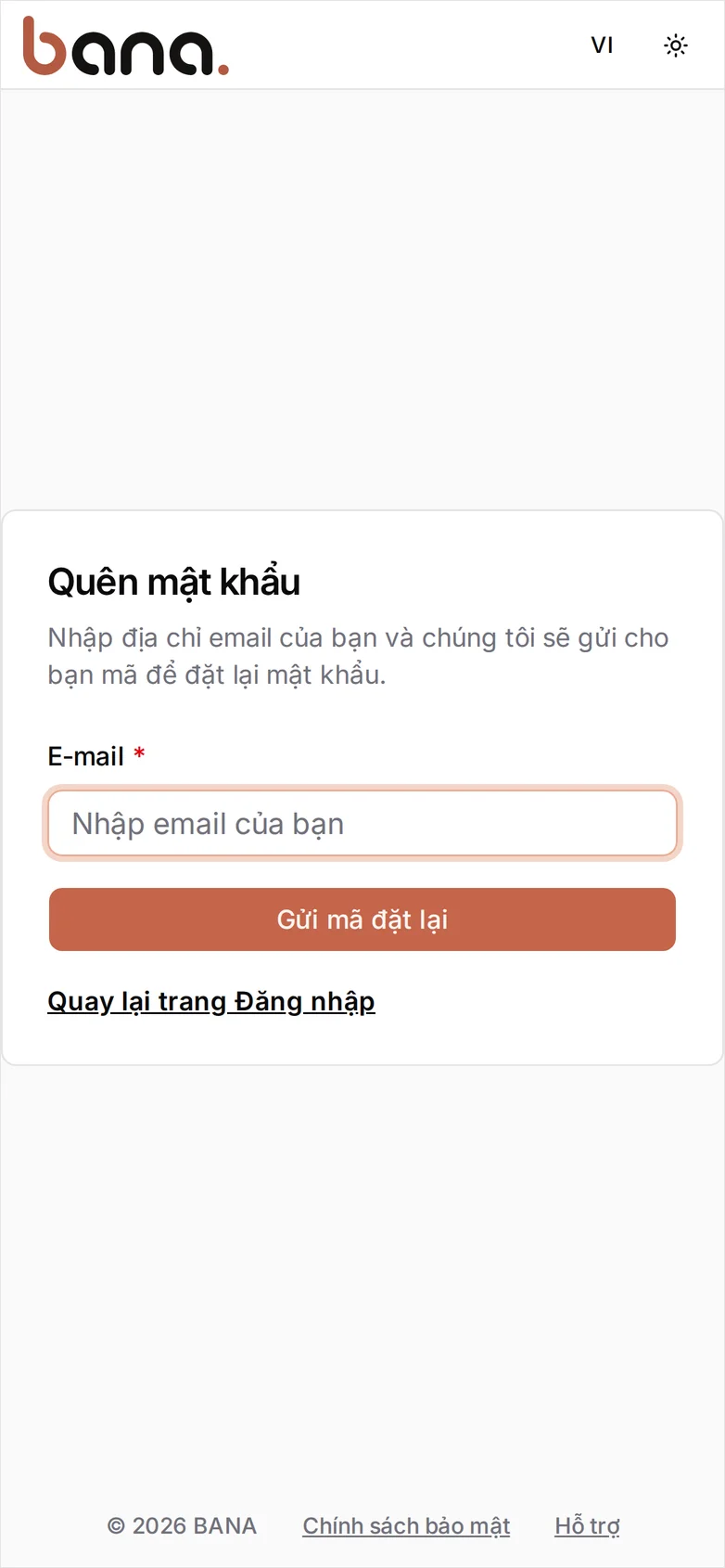 Màn hình Quên mật khẩu với ô E-mail, nút Gửi mã đặt lại và liên kết Quay lại trang Đăng nhập