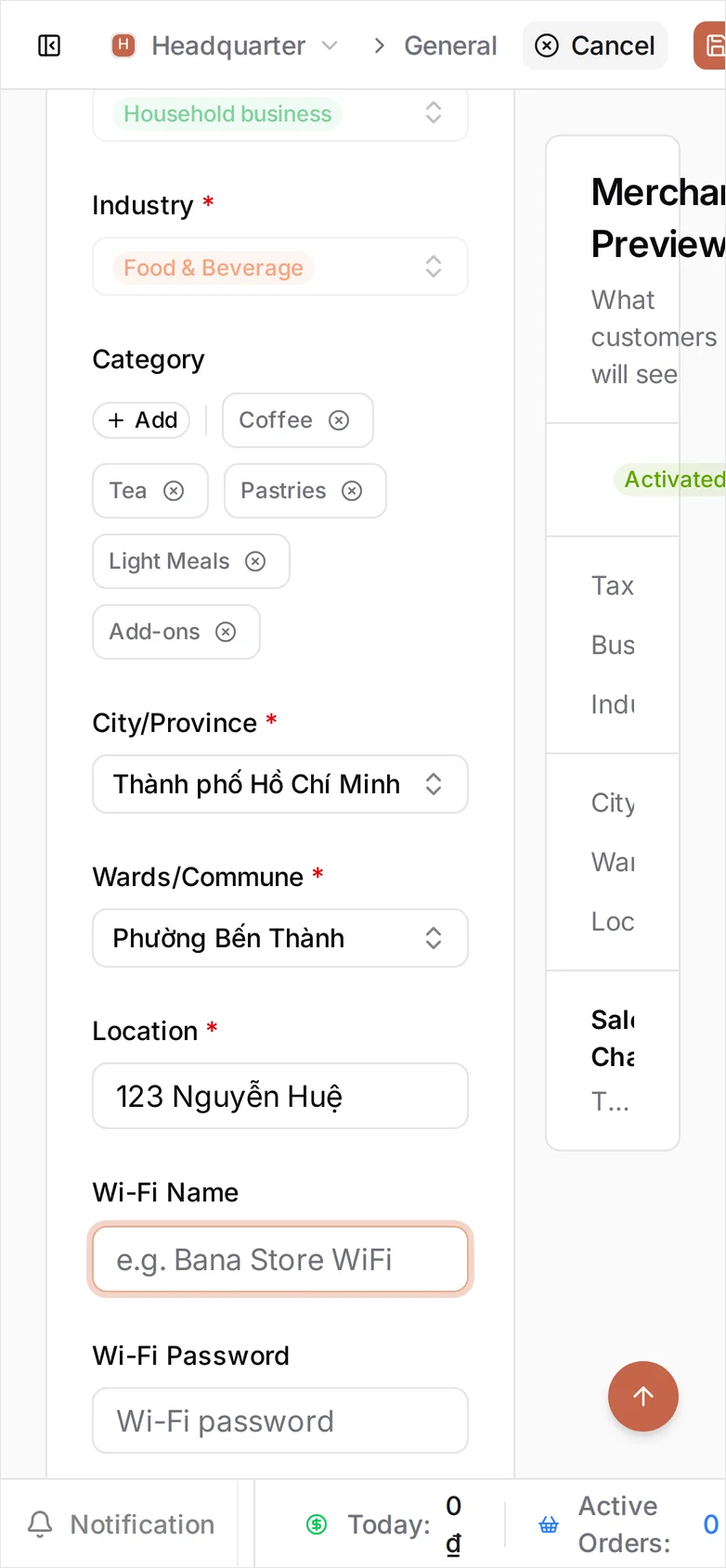 The lower half of the Merchant Identity card: an Add button beside removable Category chips — Coffee, Tea, Pastries, Light Meals, Add-ons, each with a small x — then City/Province 'Thành phố Hồ Chí Minh', Wards/Commune 'Phường Bến Thành' and Location '123 Nguyễn Huệ', all marked with red asterisks, and empty Wi-Fi Name and Wi-Fi Password fields below them. The Merchant Preview panel headed 'What customers will see' mirrors them, Save sits in the top bar, and the Sale Channels section starts below