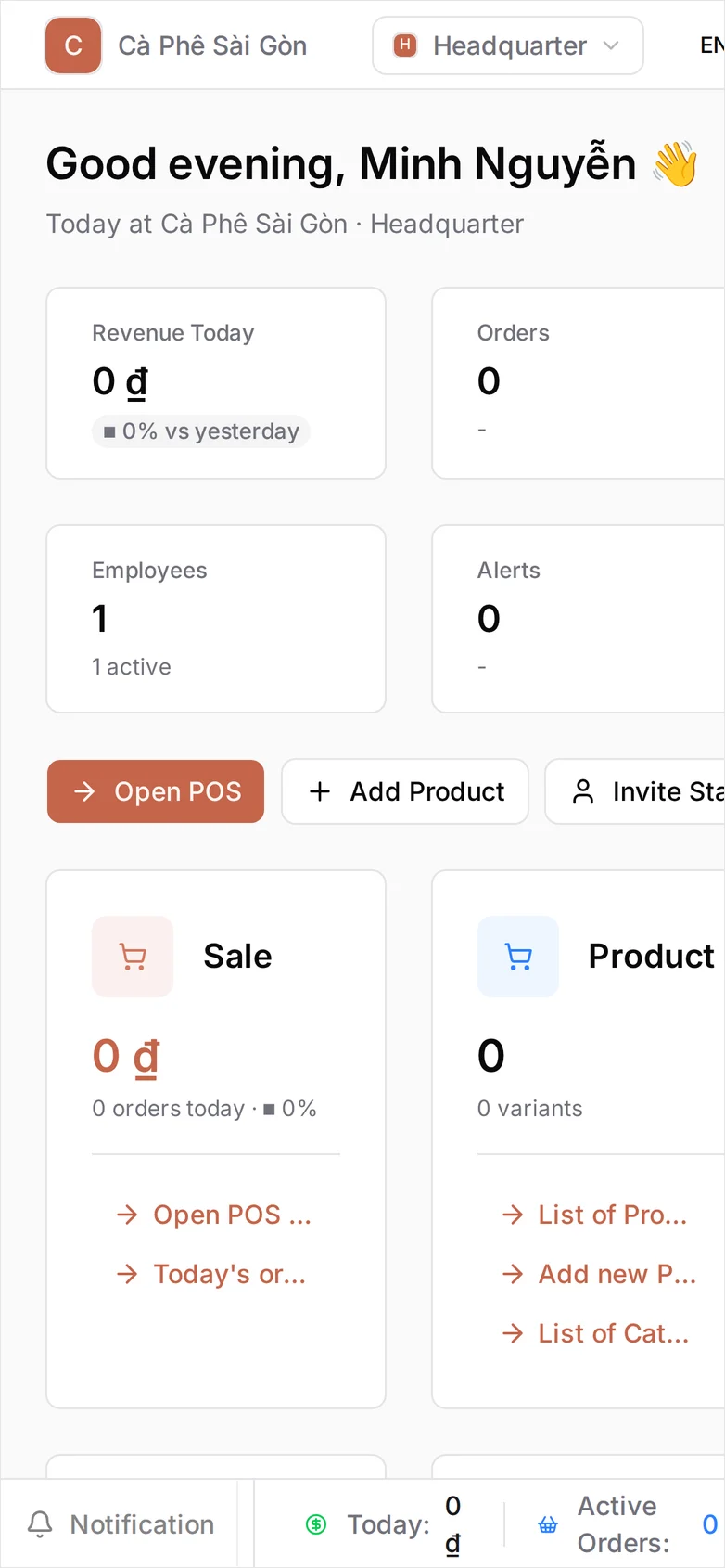 The dashboard home greeting the signed-in owner above Revenue Today, Orders, Employees and Alerts, the Open POS, Add Product and Invite Staff buttons, and cards for Sale, Product, Inventory, Customer, Finance, Team, Report and Settings, each showing a figure and shortcut links into that area