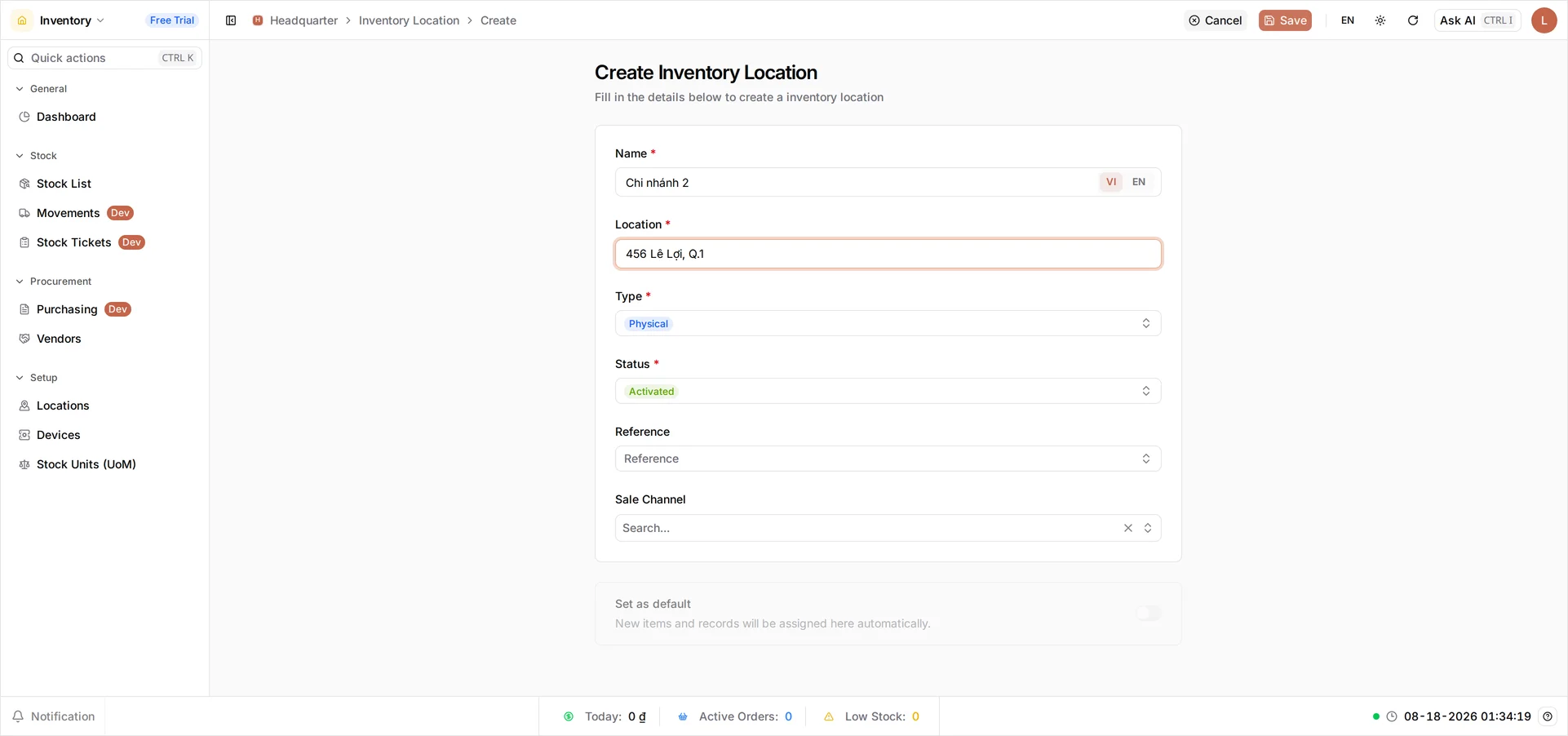 The Create Inventory Location form with Name 'Chi nhánh 2', Location '456 Lê Lợi, Q.1', Type Physical and Status Activated, above an unset Set as default toggle