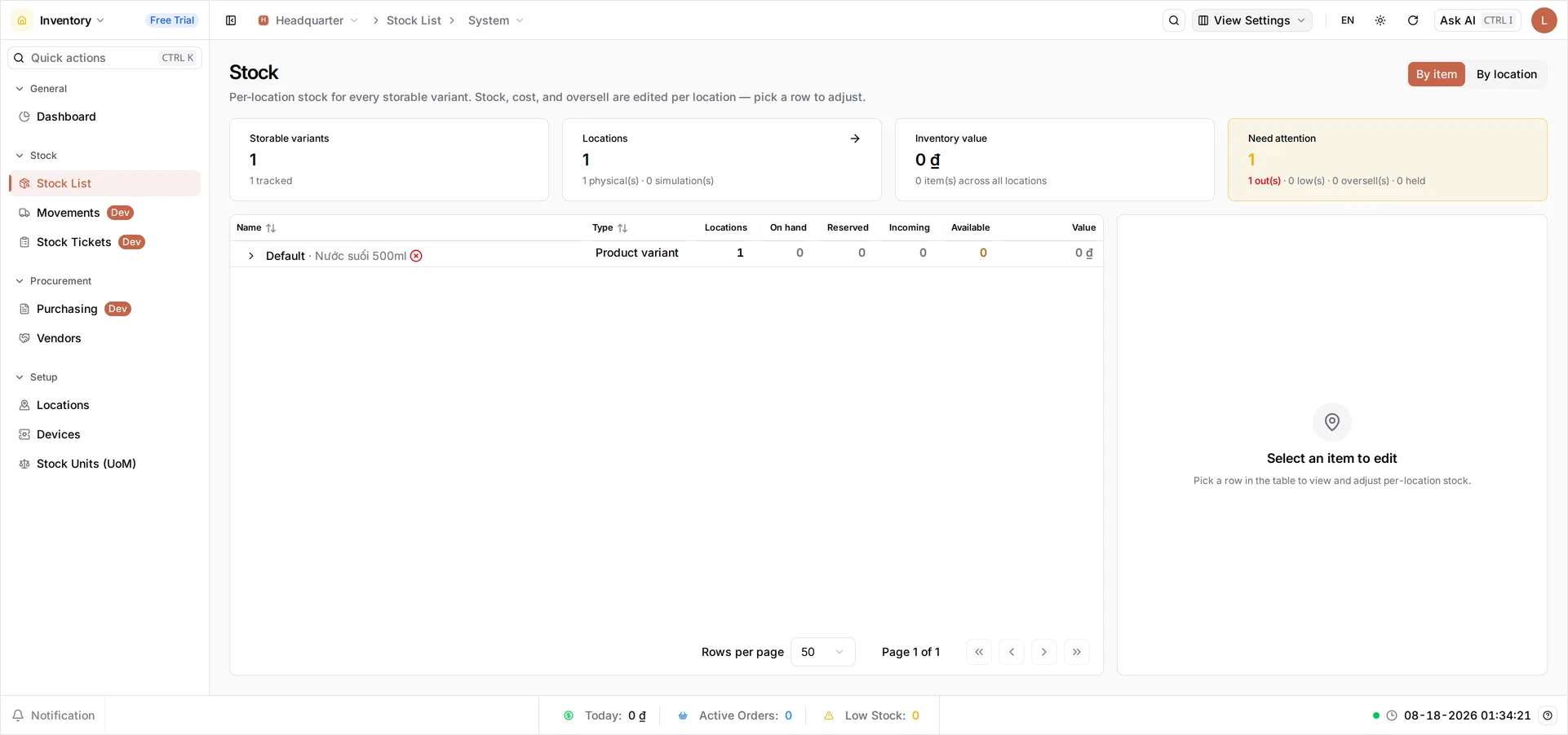 The Stock screen with a By item / By location toggle and four summary cards — Storable variants, Locations, Inventory value and Need attention — above a table listing Nước suối 500ml with On hand 0