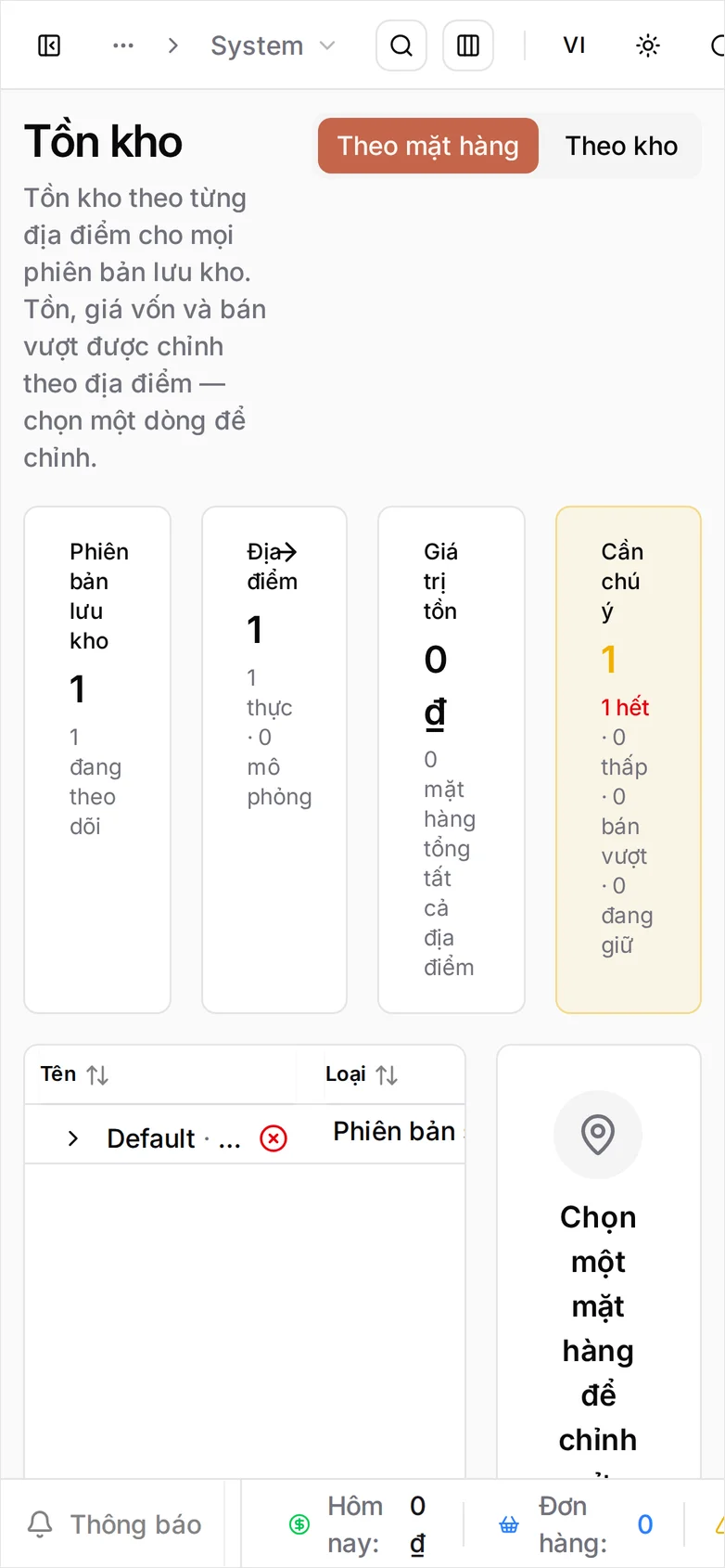 Màn hình Tồn kho trên điện thoại: bốn thẻ tổng hợp bị ép thành cột hẹp và bảng chỉ còn hai cột Tên và Loại