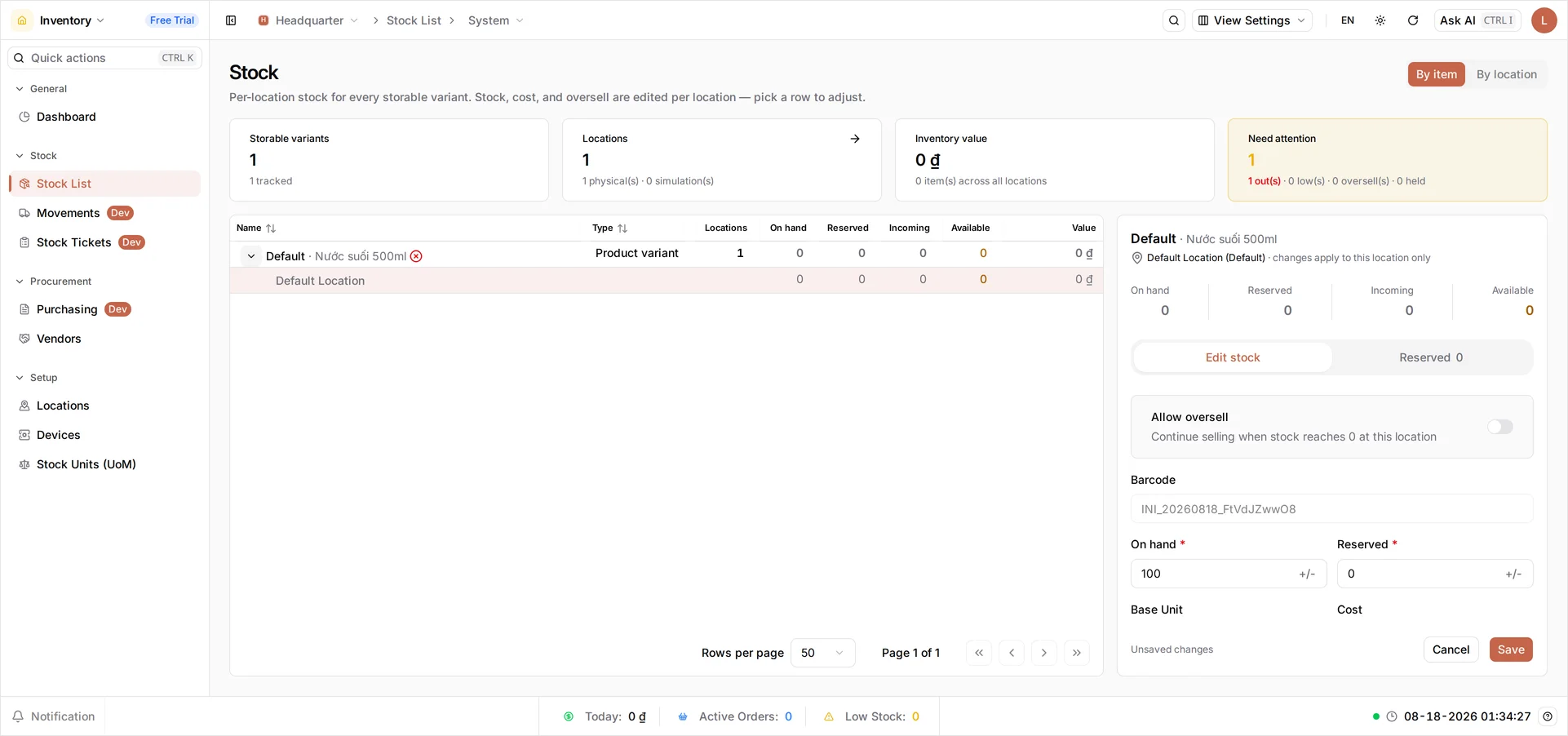 The editor panel for Nước suối 500ml at Default Location, with On hand set to 100, Reserved 0, a Base Unit and a Cost field, and Cancel and Save at the foot of the panel