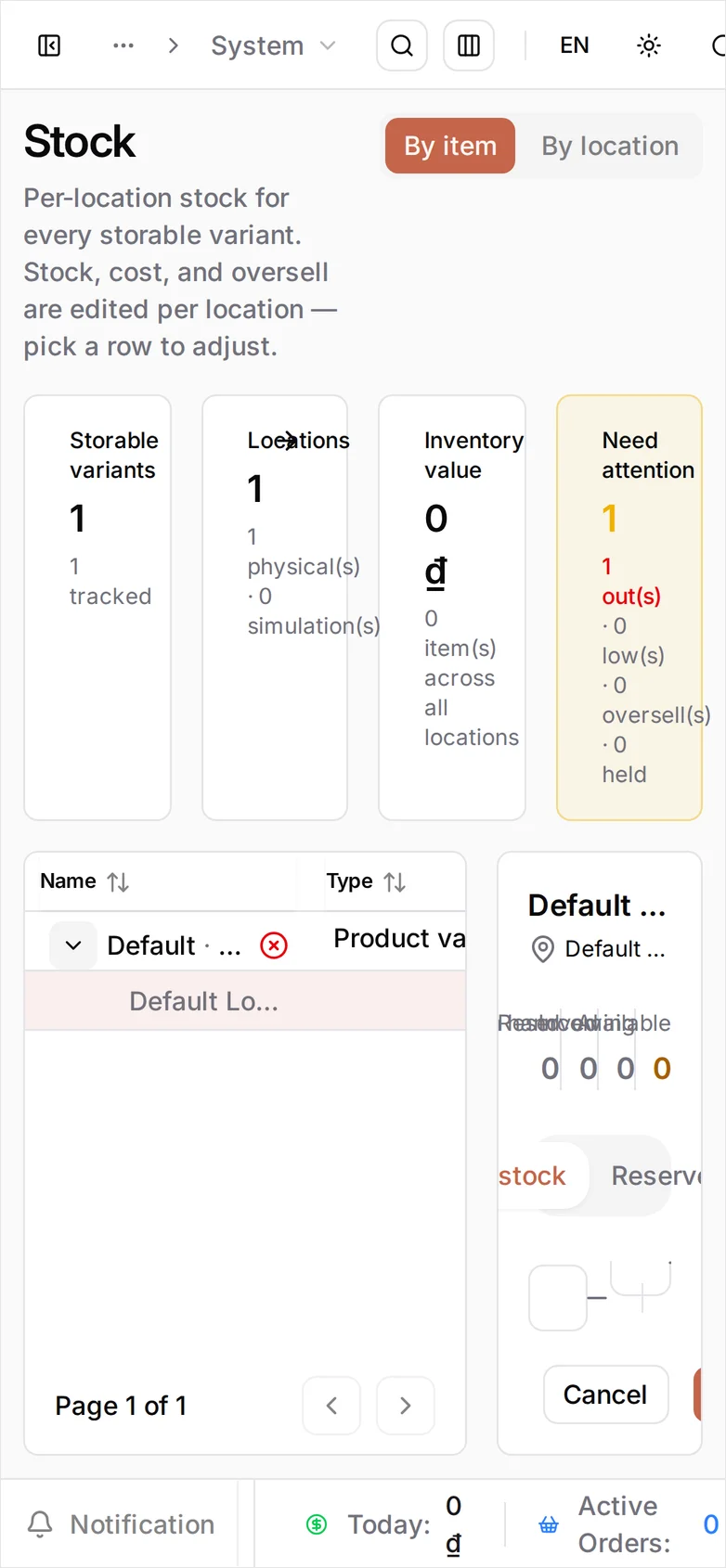 The same panel at phone width, squeezed to a sliver beside the table: only its help text, the Edit stock tab and the Cancel button fit on screen, and the On hand field does not