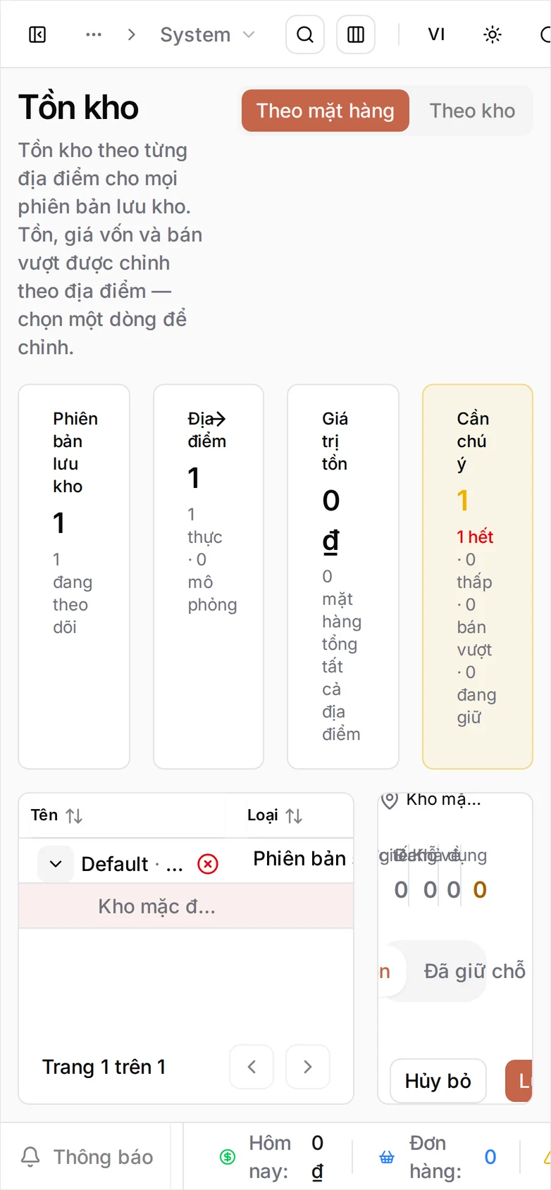 Vẫn khung đó ở khổ điện thoại, bị ép sát vào cạnh bảng: chỉ thấy dòng chú thích, tab Sửa tồn và nút Hủy bỏ, còn ô Tồn thực tế thì nằm ngoài màn hình
