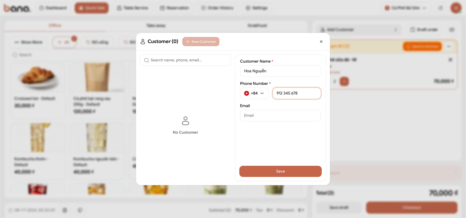 The POS customer picker over a Quick Sale, headed Customer (0) with a + New Customer button: on the left a 'Search name, phone, email…' box over a No Customer empty state, on the right the new-customer form filled with Customer Name 'Hoa Nguyễn' and Phone Number +84 912 345 678, an empty optional Email, and a Save button at its foot