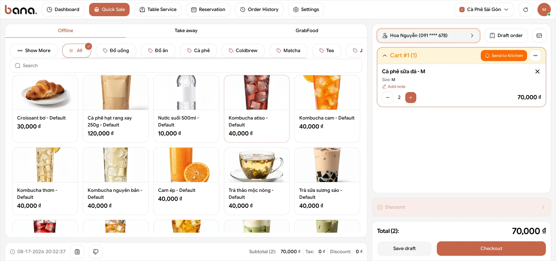 The Quick Sale screen with 'Hoa Nguyễn (091 **** 678)' at the top of the order panel, one Cà phê sữa đá on the order and a total of 35.000 ₫ above the Checkout button