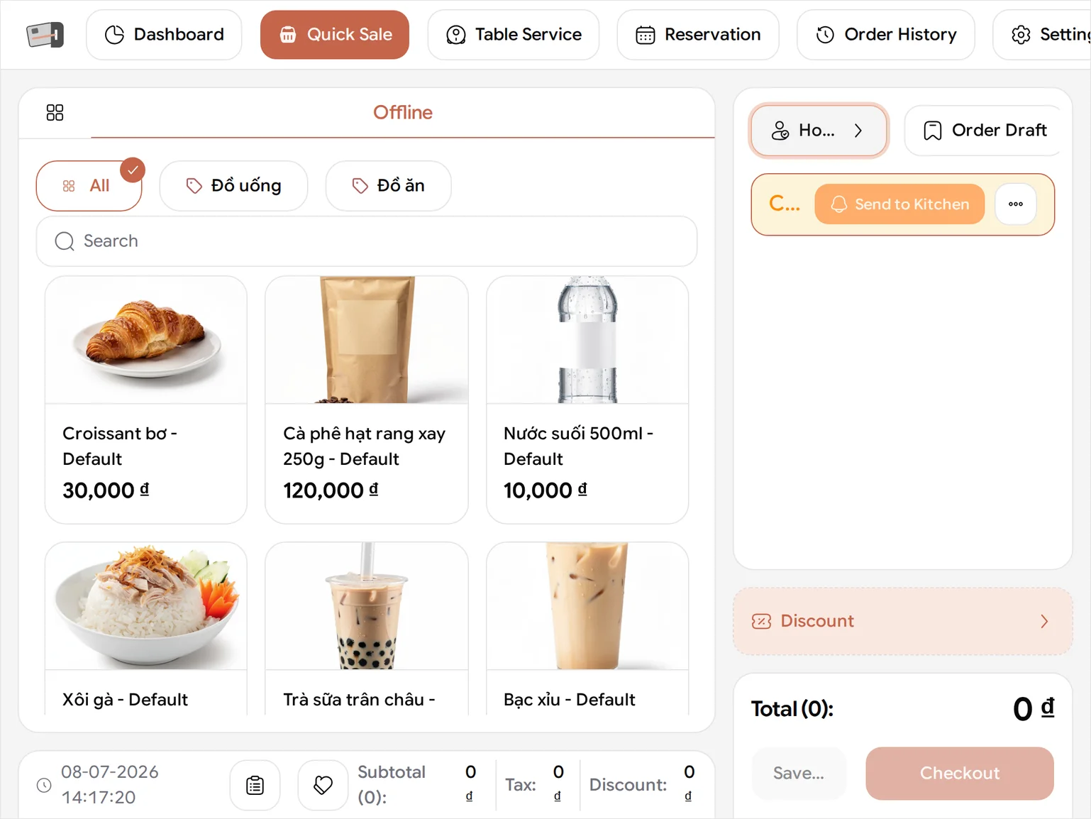 The Quick Sale screen with 'Hoa Nguyễn (091 **** 678)' at the top of the order panel, one Cà phê sữa đá on the order and a total of 35.000 ₫ above the Checkout button
