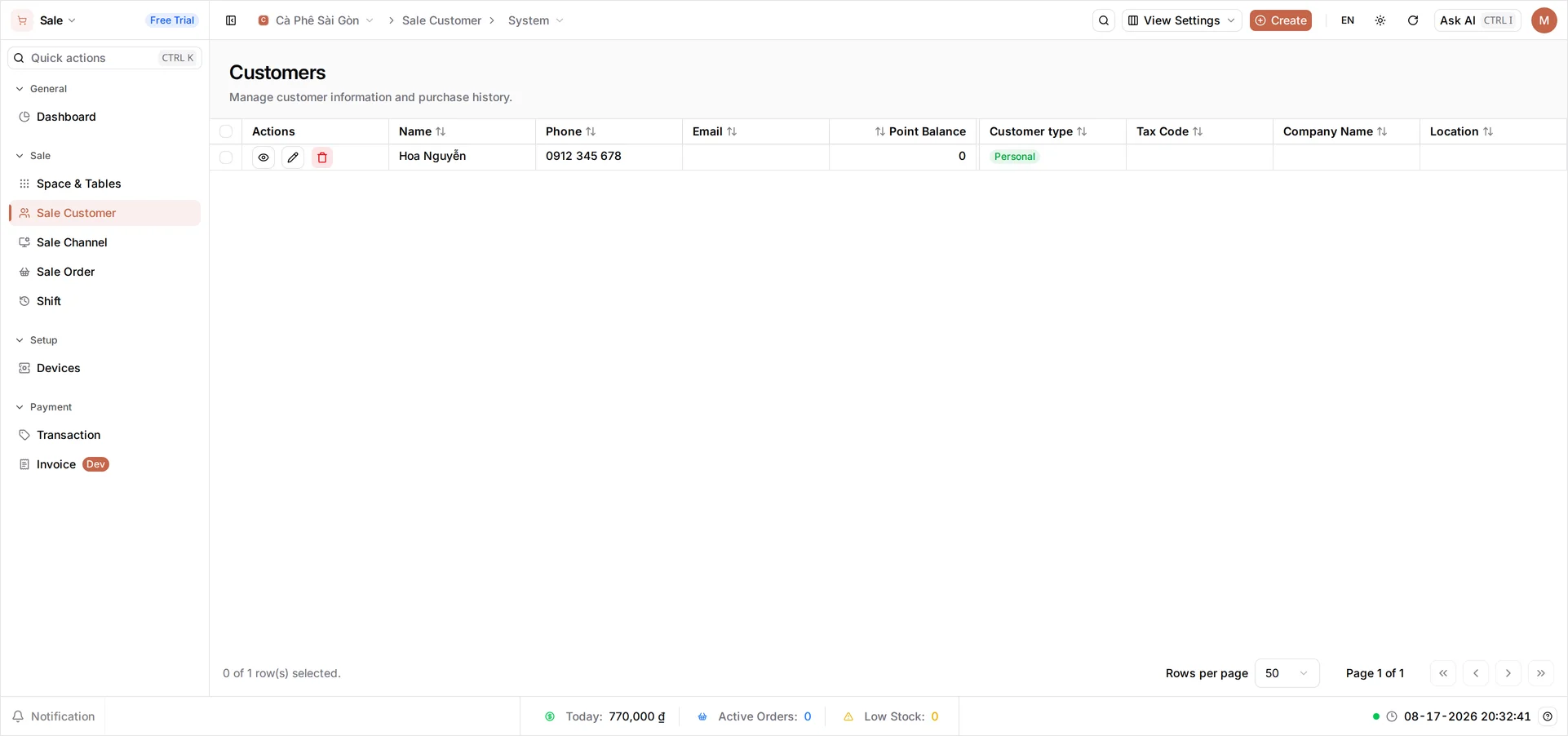 The Customers screen in the Sale app listing Hoa Nguyễn with phone 0912 345 678, Point Balance 0 and a Personal customer type badge, with view, edit and delete actions on the row