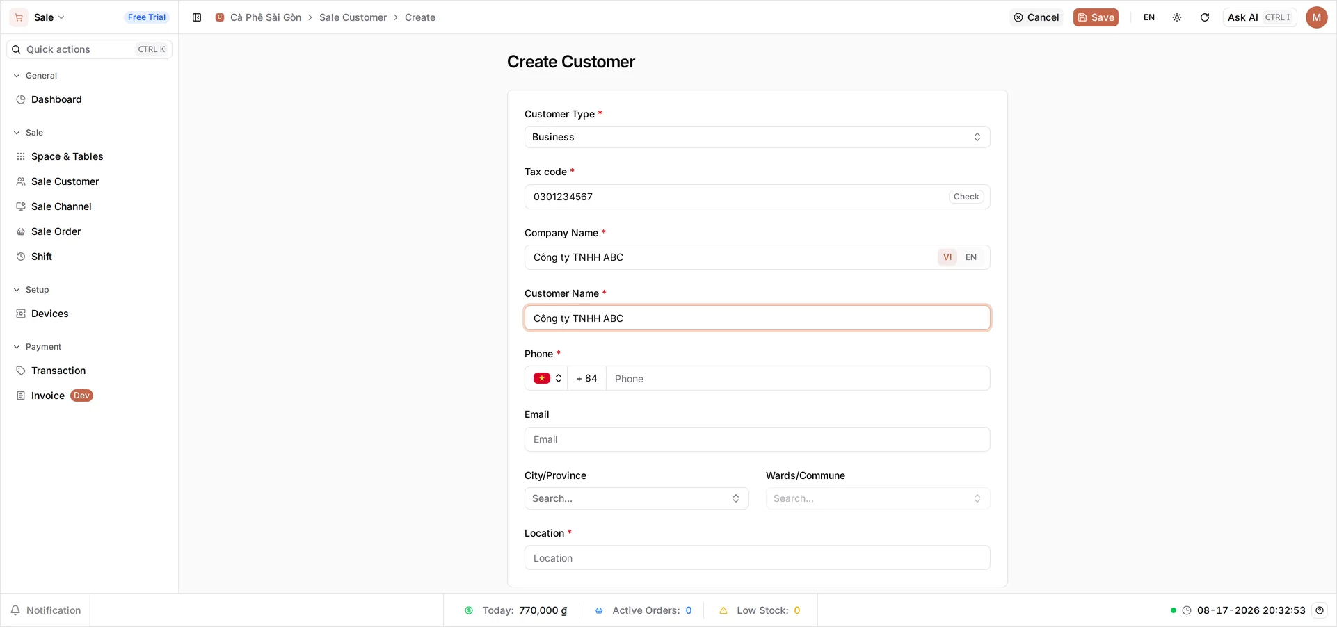 The Create Customer form with Customer Type set to Business, Tax code 0301234567 next to a Check button, and Company Name and Customer Name both reading 'Công ty TNHH ABC'