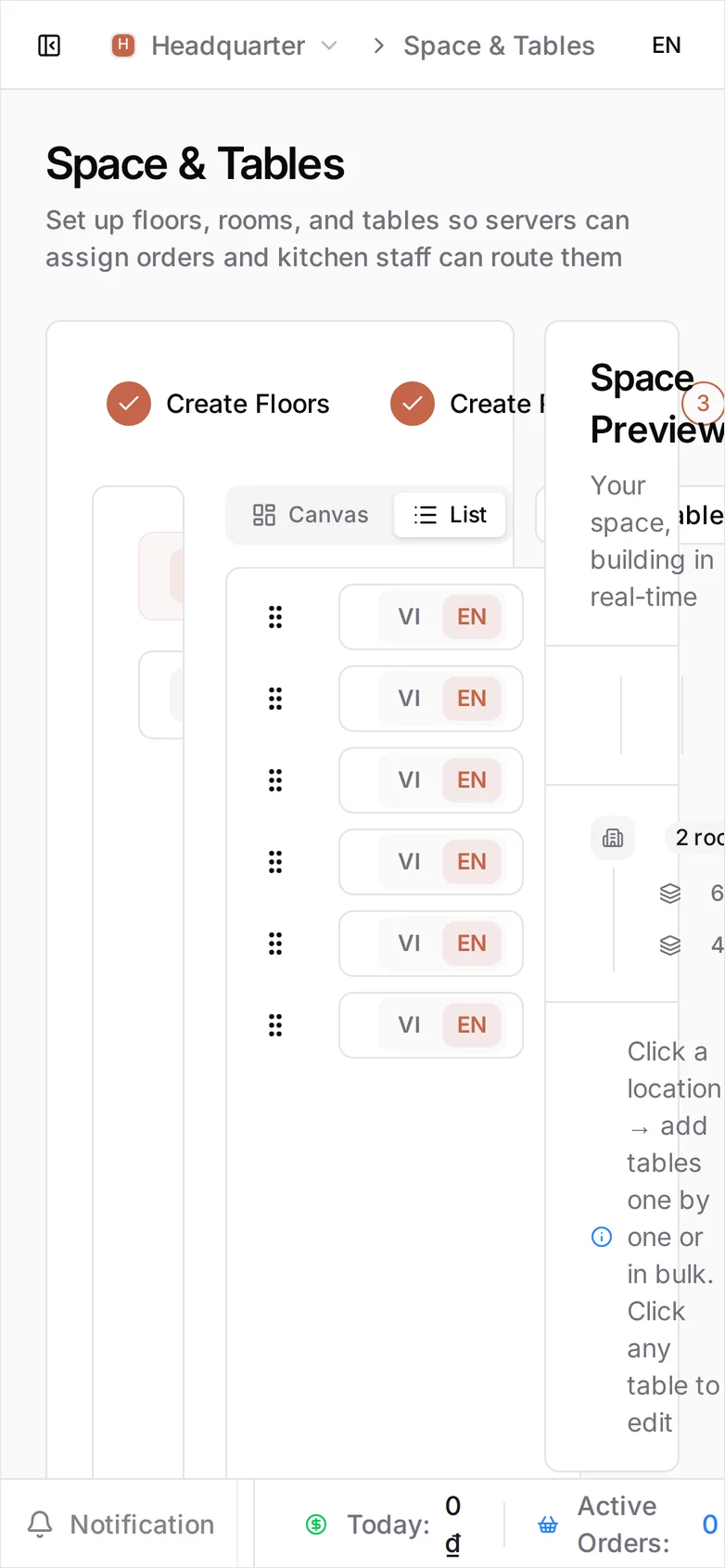 The Space & Tables wizard in the dashboard on step 3 of 3, Create Tables, with the rooms Ground floor > Khu trong nhà and Ground floor > Khu sân vườn listed on the left, the indoor room's tables B01 to B06 each at 4 seats with the square shape selected, an Add Table button, and a Space Preview panel reading 1 floor, 2 rooms and 10 tables