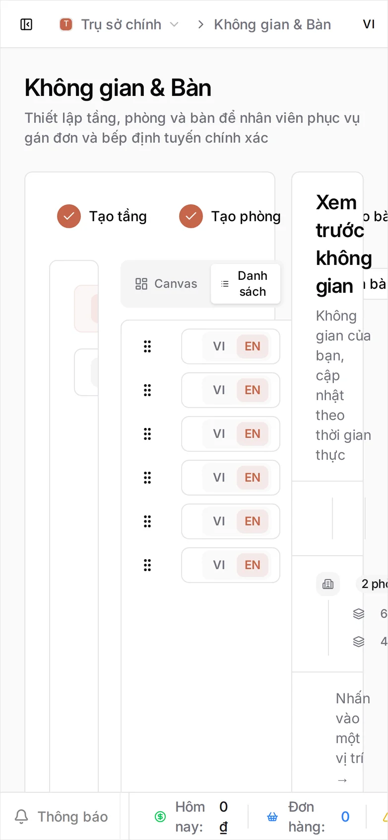 Trình hướng dẫn Không gian & Bàn trên bảng điều khiển ở bước 3/3, Tạo bàn, bên trái là hai phòng Tầng trệt > Khu trong nhà và Tầng trệt > Khu sân vườn, danh sách bàn của khu trong nhà gồm B01 đến B06 mỗi bàn 4 ghế và đang chọn hình vuông, nút Thêm bàn, cùng bảng Xem trước không gian hiện 1 tầng, 2 phòng và 10 bàn