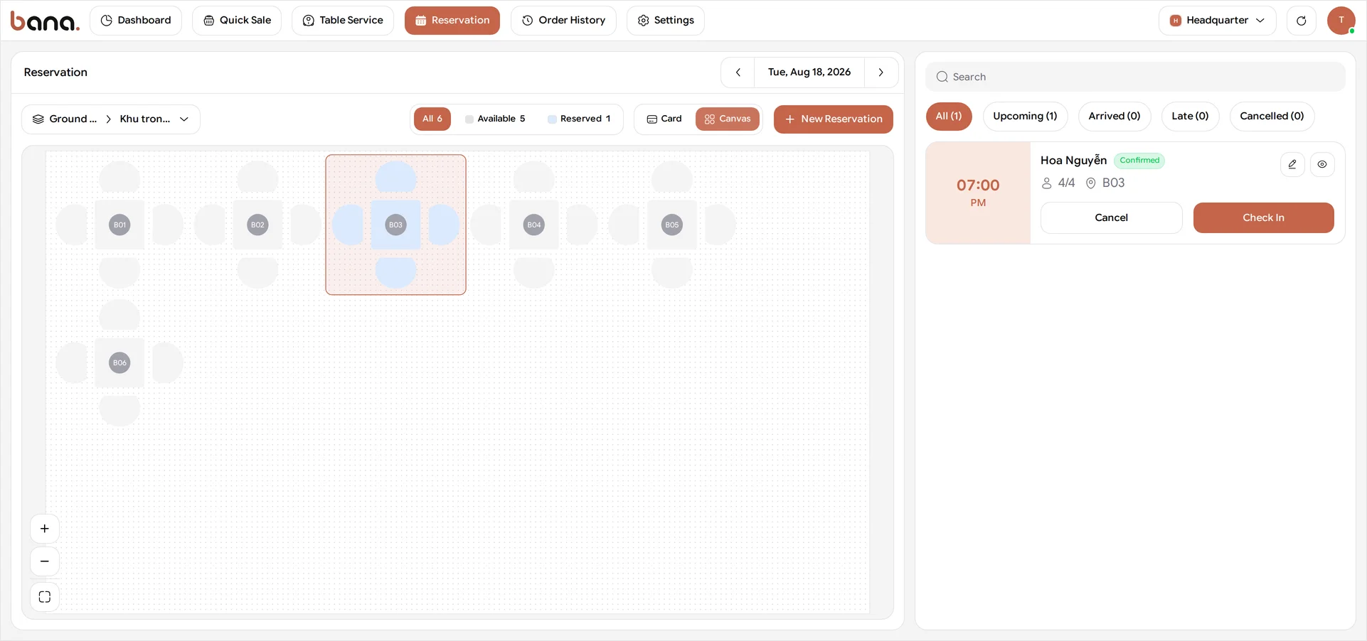 The Reservation screen in BANA Sale with Canvas selected, the room drawn to scale, table B03 outlined and its four chairs shaded blue for Reserved while the other tables stay grey, and the legend reading Available 5 and Reserved 1