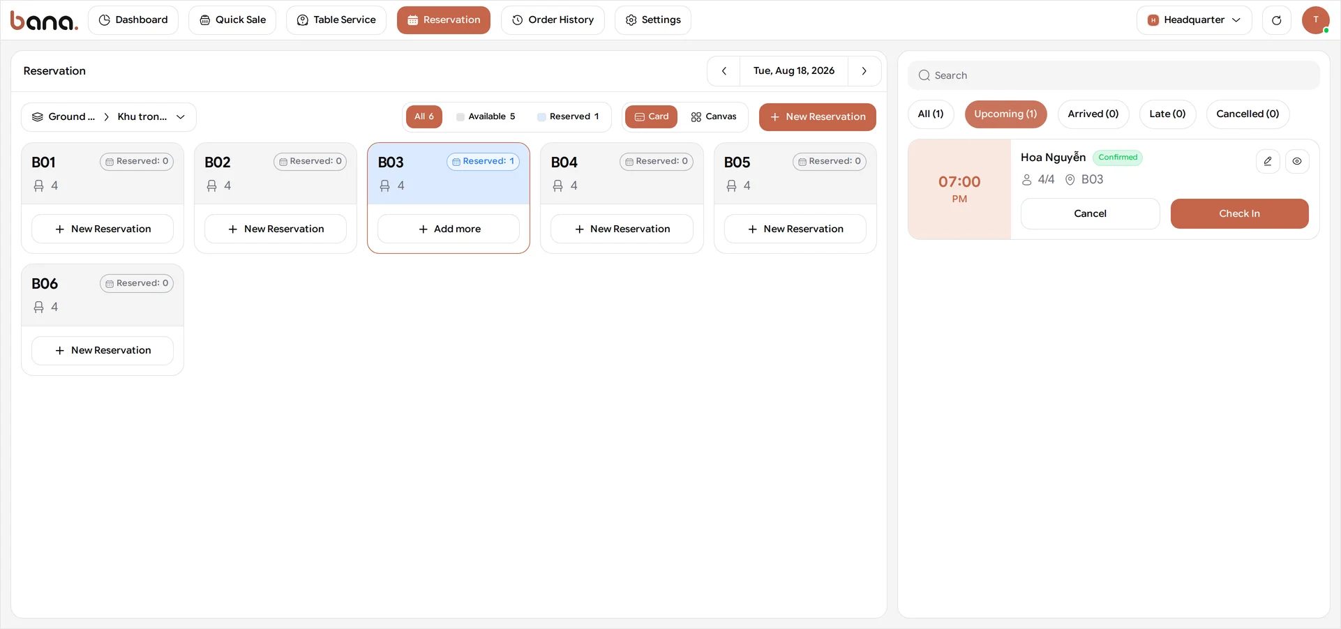 The Reservation screen in BANA Sale with the list filtered to Upcoming (1), showing Hoa Nguyễn's Confirmed 07:00 PM booking for 4 guests on B03 alongside Cancel and Check In buttons, and the table map beside it with B03 badged Reserved: 1