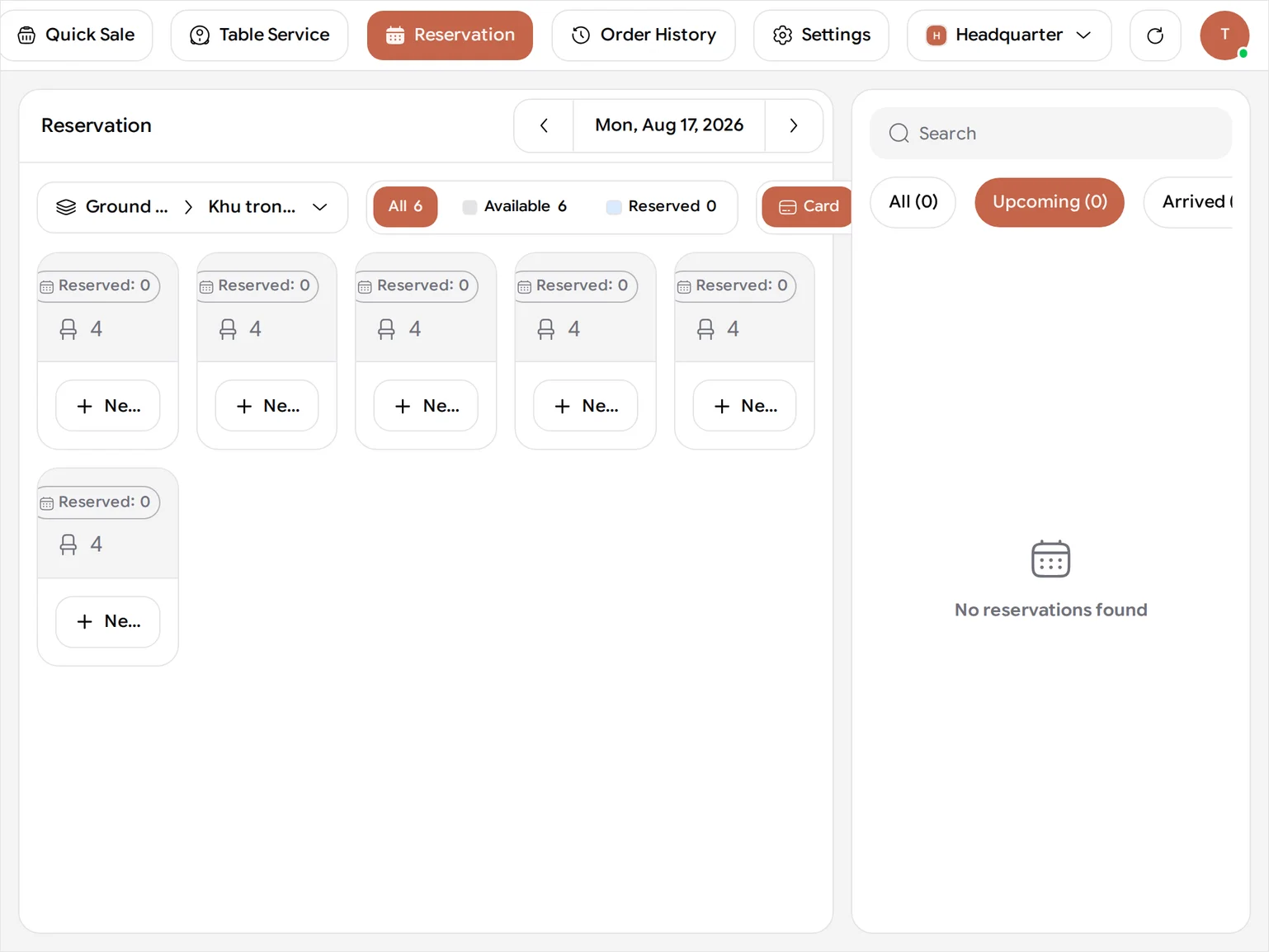 The Reservation screen in BANA Sale with the list filtered to Upcoming (1), showing Hoa Nguyễn's Confirmed 07:00 PM booking for 4 guests on B03 alongside Cancel and Check In buttons, and the table map beside it with B03 badged Reserved: 1