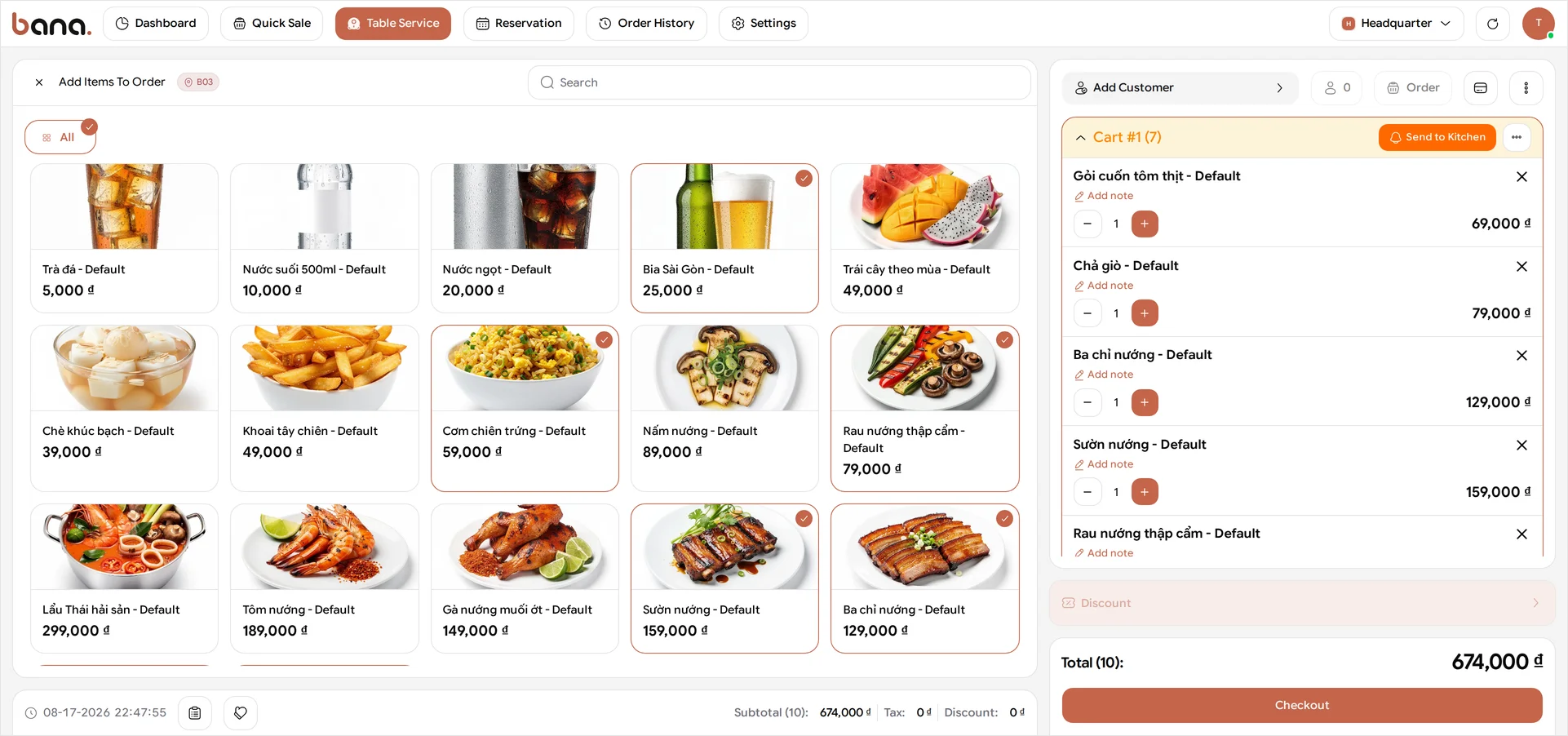 The BANA Sale menu screen headed Add Items To Order for table B03, with the dish grid on the left and an order panel holding the table's first round — Gỏi cuốn tôm thịt at 69,000 ₫, Chả giò at 79,000 ₫, Ba chỉ nướng at 129,000 ₫, Sườn nướng at 159,000 ₫, Rau nướng thập cẩm at 79,000 ₫ and Cơm chiên trứng at 59,000 ₫ at one each, plus 4 Bia Sài Gòn at 25,000 ₫ each for 100,000 ₫ — a Total (10) of 674,000 ₫ and a Checkout button