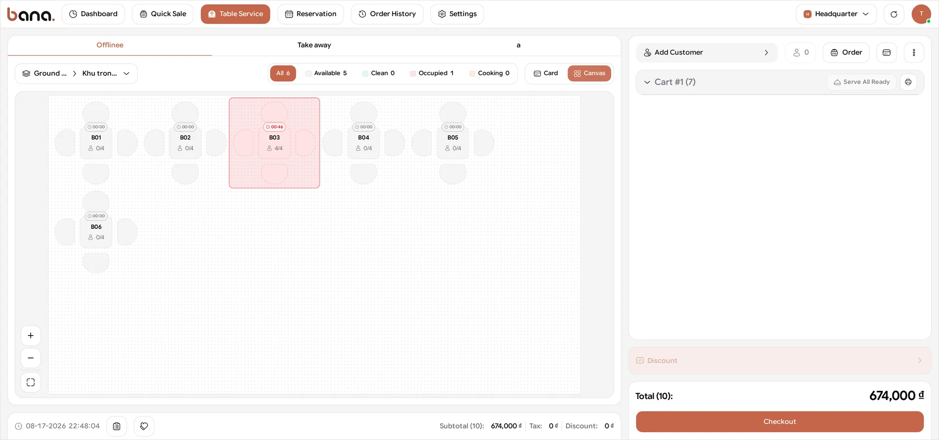 The Table Service map in BANA Sale with Canvas selected, table B03 outlined in red showing 4/4 seats taken and an elapsed-time badge, the other tables reading 0/4, and the legend counting Available 5 against one table in service