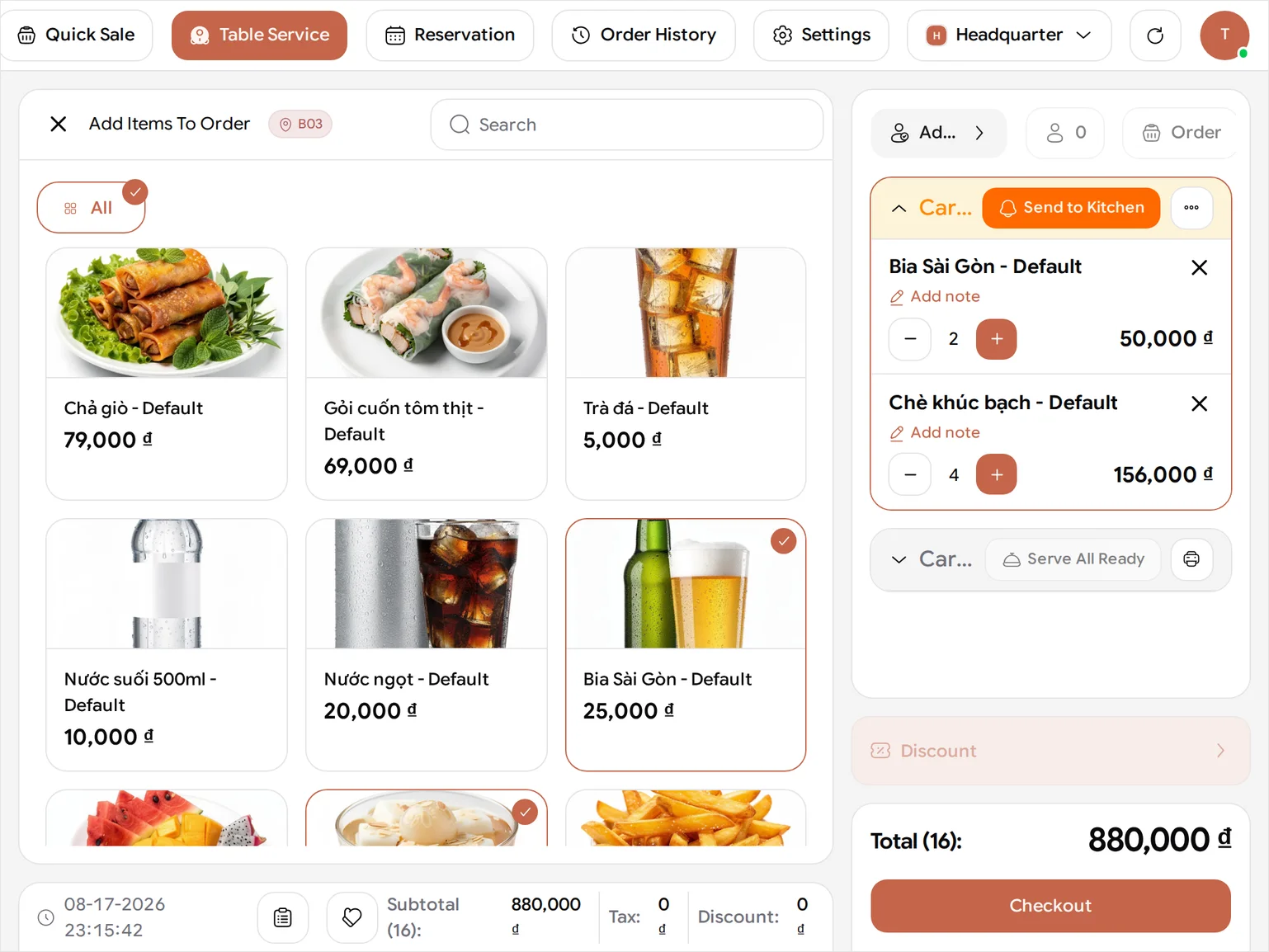 The order panel for table B03 in BANA Sale with two rounds stacked newest-first: Cart #2 on top, still open, with editable quantity steppers and its own Send to Kitchen button, and Cart #1 greyed out below it, its six dishes frozen to plain x1 chips and its beers to an x4 chip, beside a Serve All Ready button