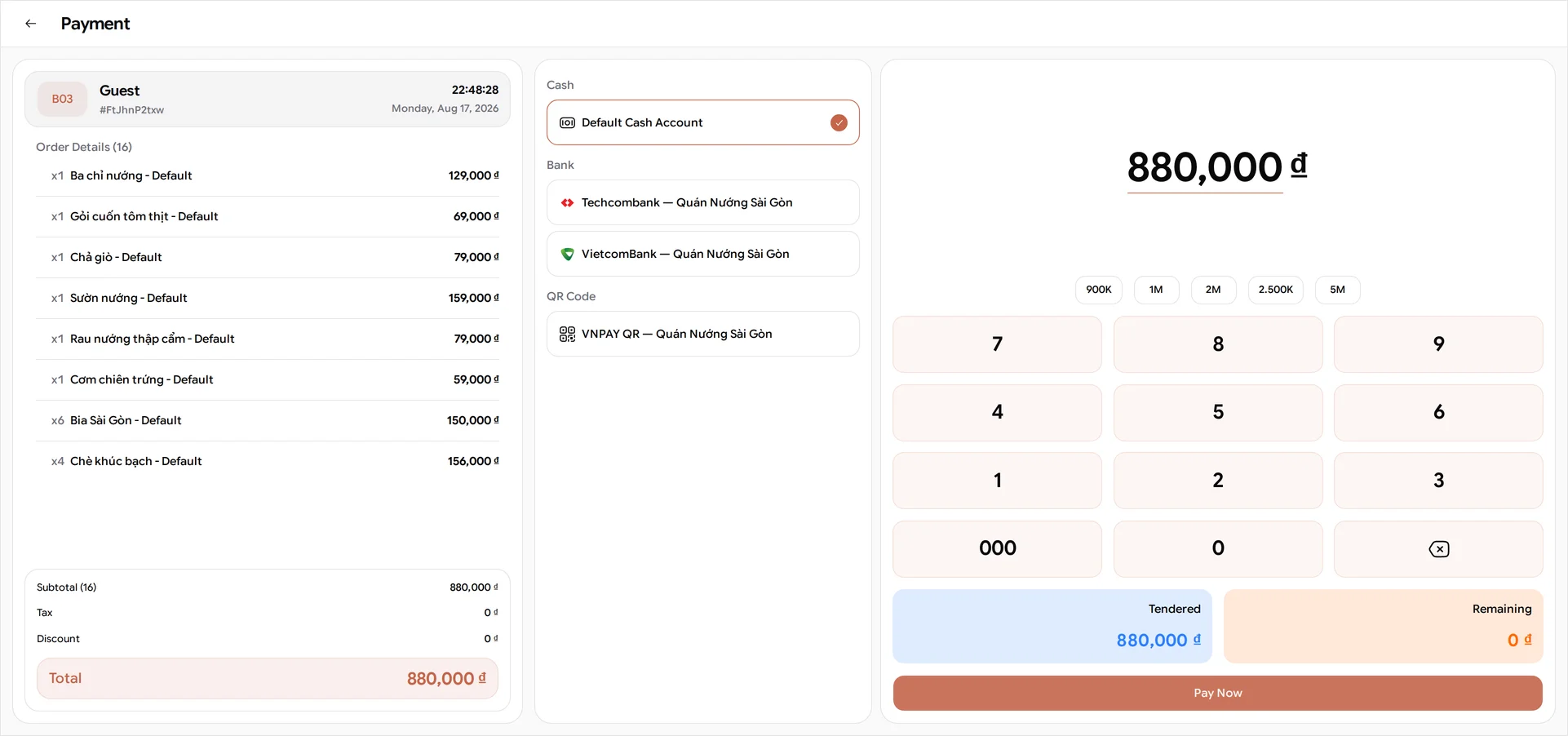 The BANA Sale Payment screen for table B03 listing both rounds merged into eight lines — x6 Bia Sài Gòn at 150,000 ₫ and x4 Chè khúc bạch at 156,000 ₫ where the repeated items have combined, then Chả giò, Ba chỉ nướng, Sườn nướng, Rau nướng thập cẩm, Cơm chiên trứng and Gỏi cuốn tôm thịt at one each — under Order Details (16), with Subtotal 880,000 ₫, Tax 0 ₫, Discount 0 ₫ and a Total of 880,000 ₫, a Cash section holding the selected Default Cash Account, a keypad with quick amounts from 900K to 5M, Tendered 880,000 ₫ against Remaining 0 ₫, and a Pay Now button