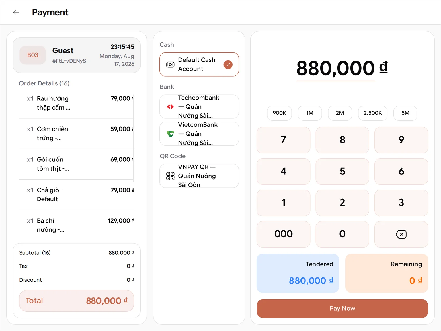 The BANA Sale Payment screen for table B03 listing both rounds merged into eight lines — x6 Bia Sài Gòn at 150,000 ₫ and x4 Chè khúc bạch at 156,000 ₫ where the repeated items have combined, then Chả giò, Ba chỉ nướng, Sườn nướng, Rau nướng thập cẩm, Cơm chiên trứng and Gỏi cuốn tôm thịt at one each — under Order Details (16), with Subtotal 880,000 ₫, Tax 0 ₫, Discount 0 ₫ and a Total of 880,000 ₫, a Cash section holding the selected Default Cash Account, a keypad with quick amounts from 900K to 5M, Tendered 880,000 ₫ against Remaining 0 ₫, and a Pay Now button