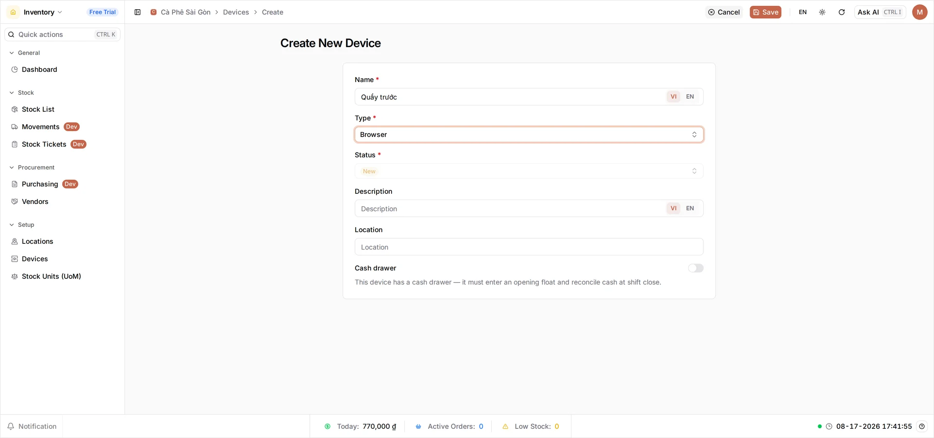The Create New Device form under Inventory → Setup → Devices: Name set to Quầy trước with a VI/EN toggle on the field, Type set to Browser, Status showing New in a greyed-out field, then empty Description and Location fields and a Cash drawer toggle, switched off, explained as 'This device has a cash drawer — it must enter an opening float and reconcile cash at shift close'
