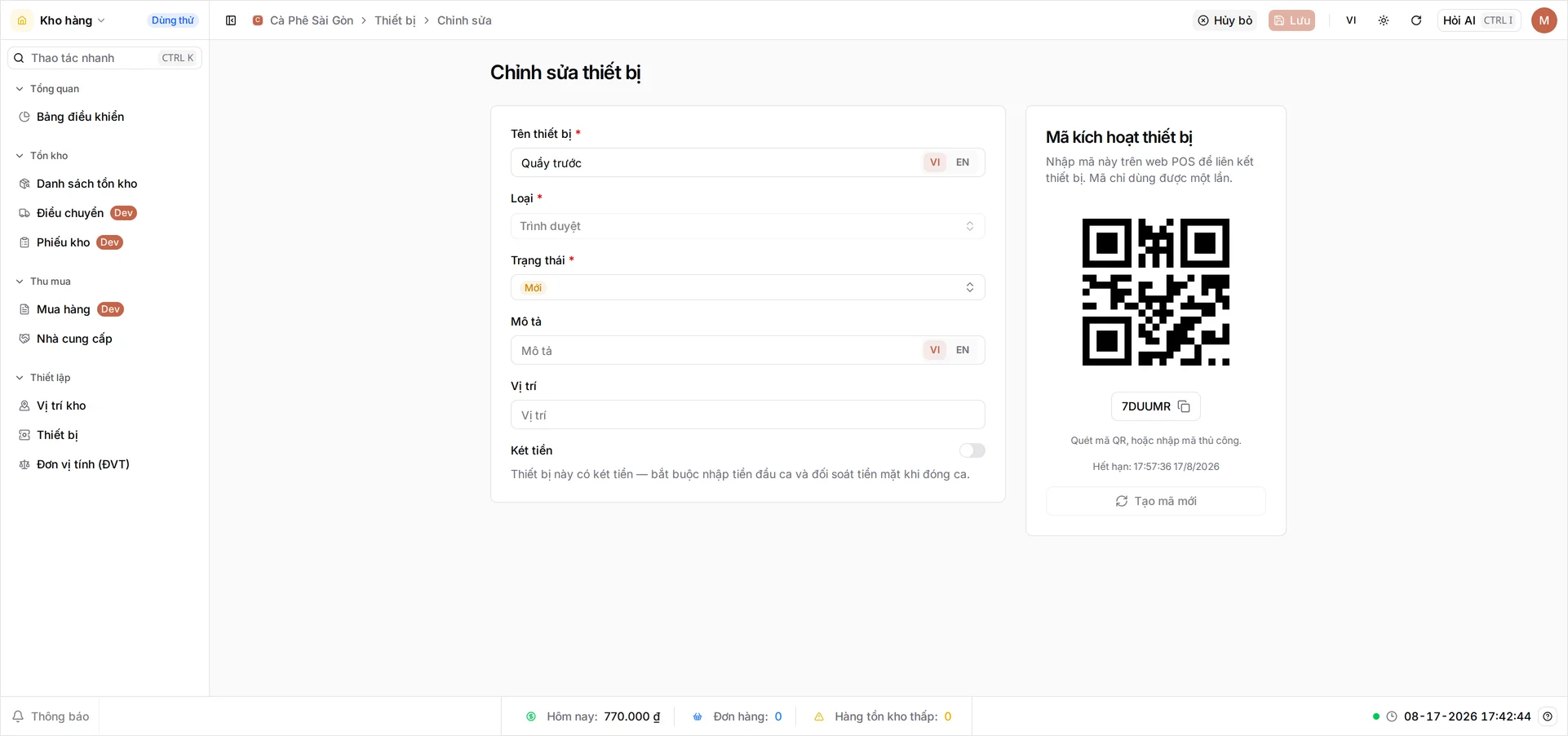 Khung Mã kích hoạt thiết bị trên màn hình Chỉnh sửa thiết bị, hiển thị mã QR, mã sáu ký tự trên nút sao chép, thời điểm Hết hạn và nút Tạo mã mới