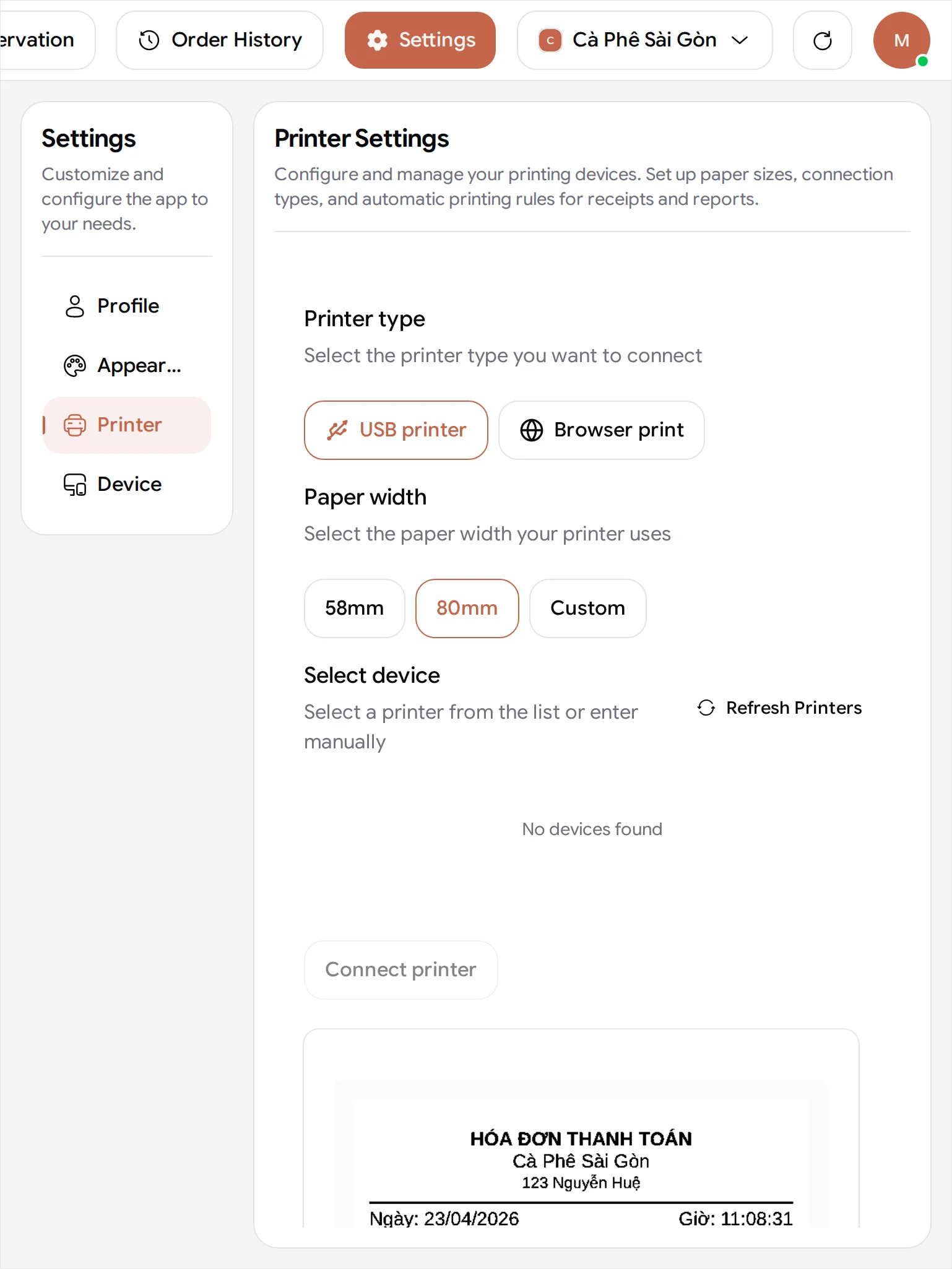 The BANA Sale Printer Settings page reached from Settings then Printer, with Profile, Appearance, Printer and Device listed down a settings menu on the left: a Printer type row offering USB printer (selected) and Browser print, a Paper width row offering 58mm, 80mm (selected) and Custom, a Select device area reading No devices found beside Refresh Printers, a greyed-out Connect printer button, and the top of a receipt preview below