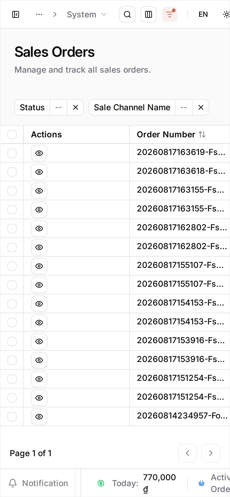 The Sales Orders screen — 'Manage and track all sales orders' — with a View Settings control in the top bar, Status and Sale Channel Name filter chips each with a small x, and a table whose columns are Actions (an eye button per row), Order Number, Status, Sale Channel Name, Currency, Sub Total, Tax, Total and Processing At, every heading carrying sort arrows; the newest row is badged Draft with no total and no Processing At, every row under it is Completed on the Offline channel at 60,000 đ or 25,000 đ, and the foot of the table reads 0 of 15 row(s) selected, Rows per page 50, Page 1 of 1