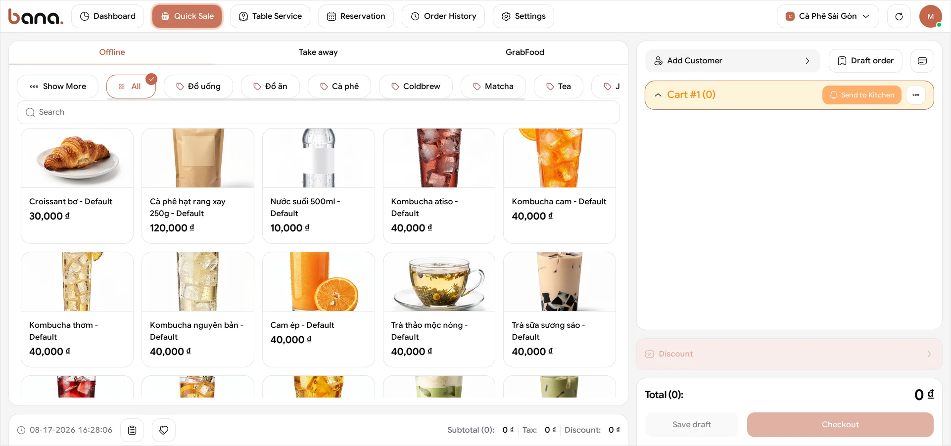 The Quick Sale screen for Cà Phê Sài Gòn: the sale channel row — Offline selected, Take away, GrabFood — above the category tabs All, Đồ uống, Đồ ăn, Cà phê, Coldbrew, Matcha, Tea and a Show More button, the product grid below them running from Croissant bơ 30,000 đ to the kombuchas at 40,000 đ, and Cart #1 (0) empty on the right with Total 0 đ