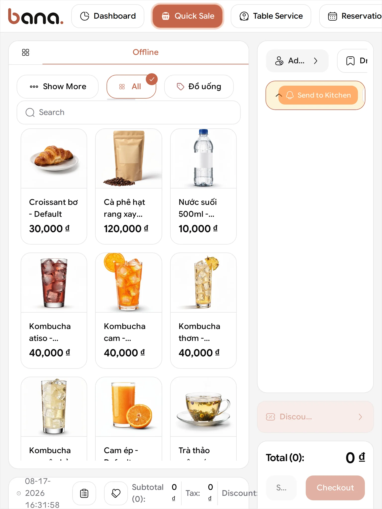 The same sale screen at tablet width: only the selected channel, Offline, fits on the channel row, the category row cuts off after Đồ uống, the grid drops to three products a row and their names truncate — the cart on the right is still empty