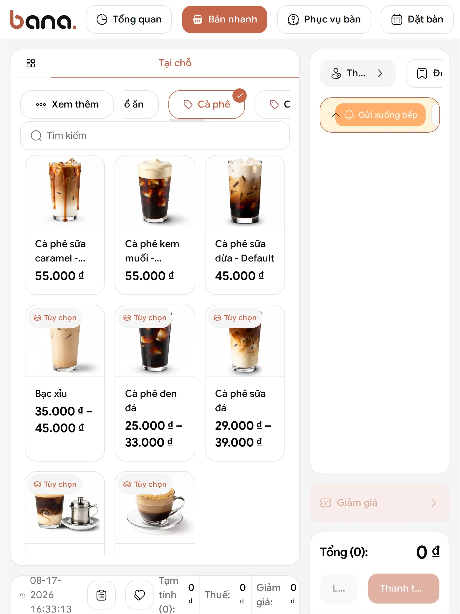 Thẻ Cà phê ở khổ máy tính bảng: các món cà phê xếp ba thẻ mỗi hàng kèm ảnh, tên bị rút gọn, khoảng giá xuống làm hai dòng và hàng cuối nằm khuất một nửa dưới đáy lưới