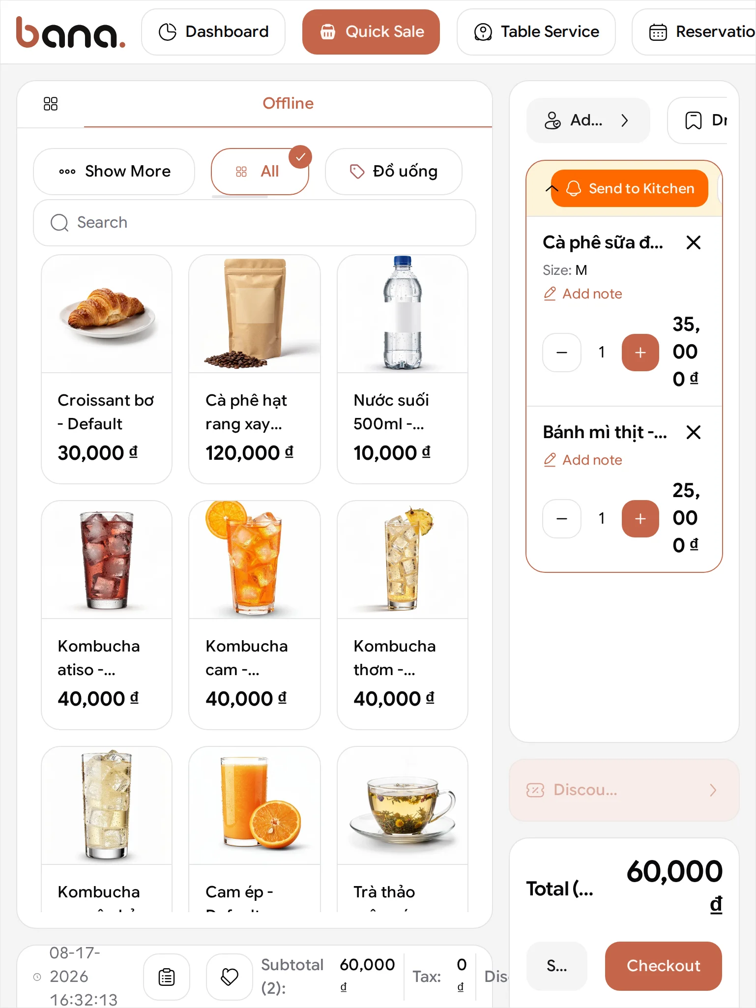 The cart at tablet width: both lines are there but their names clip and each price wraps across three lines, with Total reading 60,000 đ at the bottom