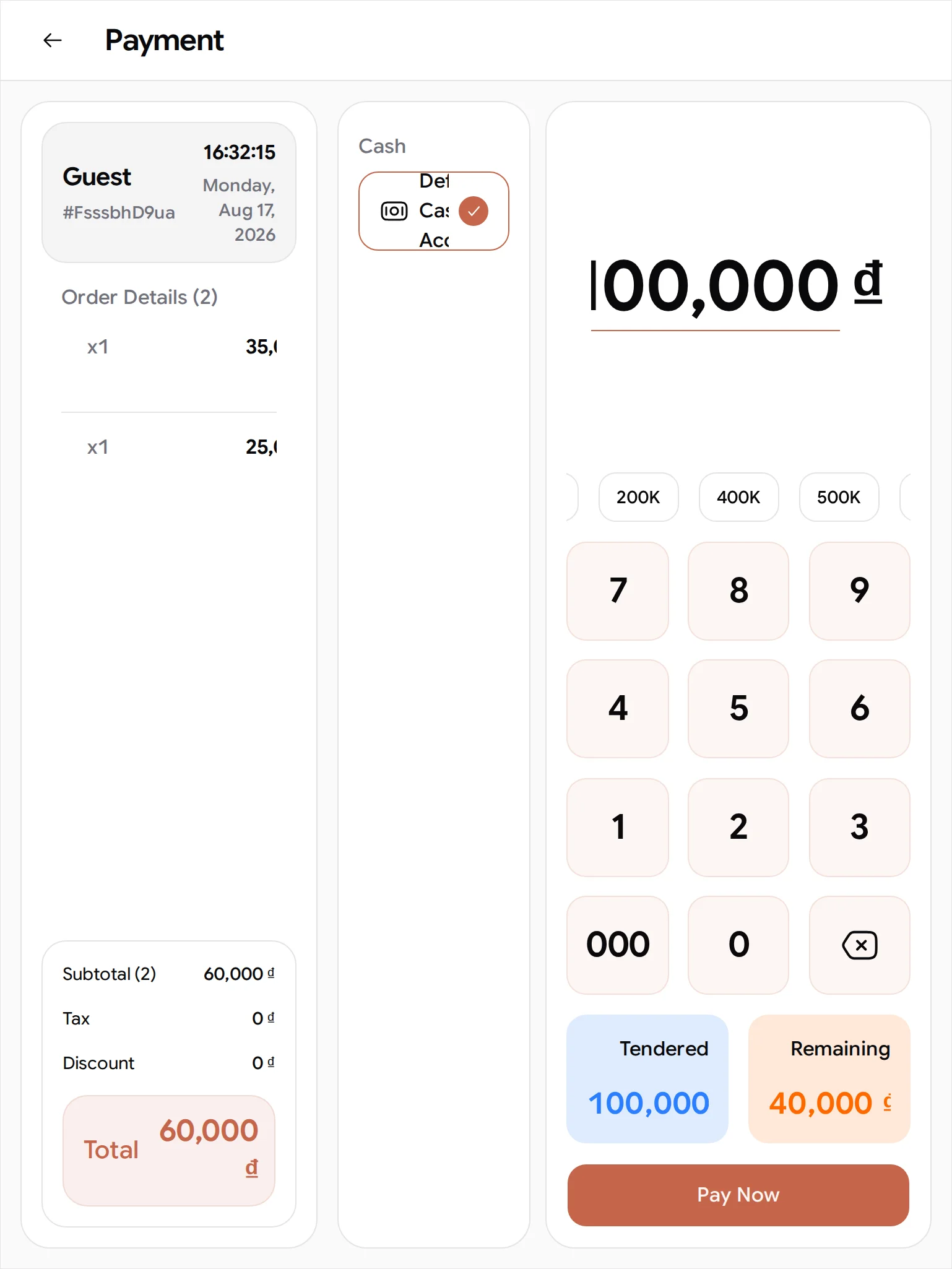 The Payment screen at tablet width: the three panels stack, the order lines keep only their quantity and price, and Tendered 100,000 đ and Remaining 40,000 đ sit under the keypad