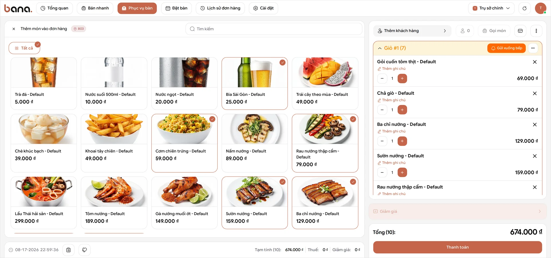 Màn hình thực đơn của bàn B03 trong BANA Sale với tiêu đề Add Items To Order, lưới món ăn bên trái và giỏ hàng là đợt đầu của bàn - Gỏi cuốn tôm thịt 69.000 ₫, Chả giò 79.000 ₫, Ba chỉ nướng 129.000 ₫, Sườn nướng 159.000 ₫, Rau nướng thập cẩm 79.000 ₫ và Cơm chiên trứng 59.000 ₫ mỗi thứ một phần, cùng 4 Bia Sài Gòn giá 25.000 ₫ mỗi chai thành 100.000 ₫ - tổng cộng Total (10) là 674.000 ₫ cùng nút Checkout
