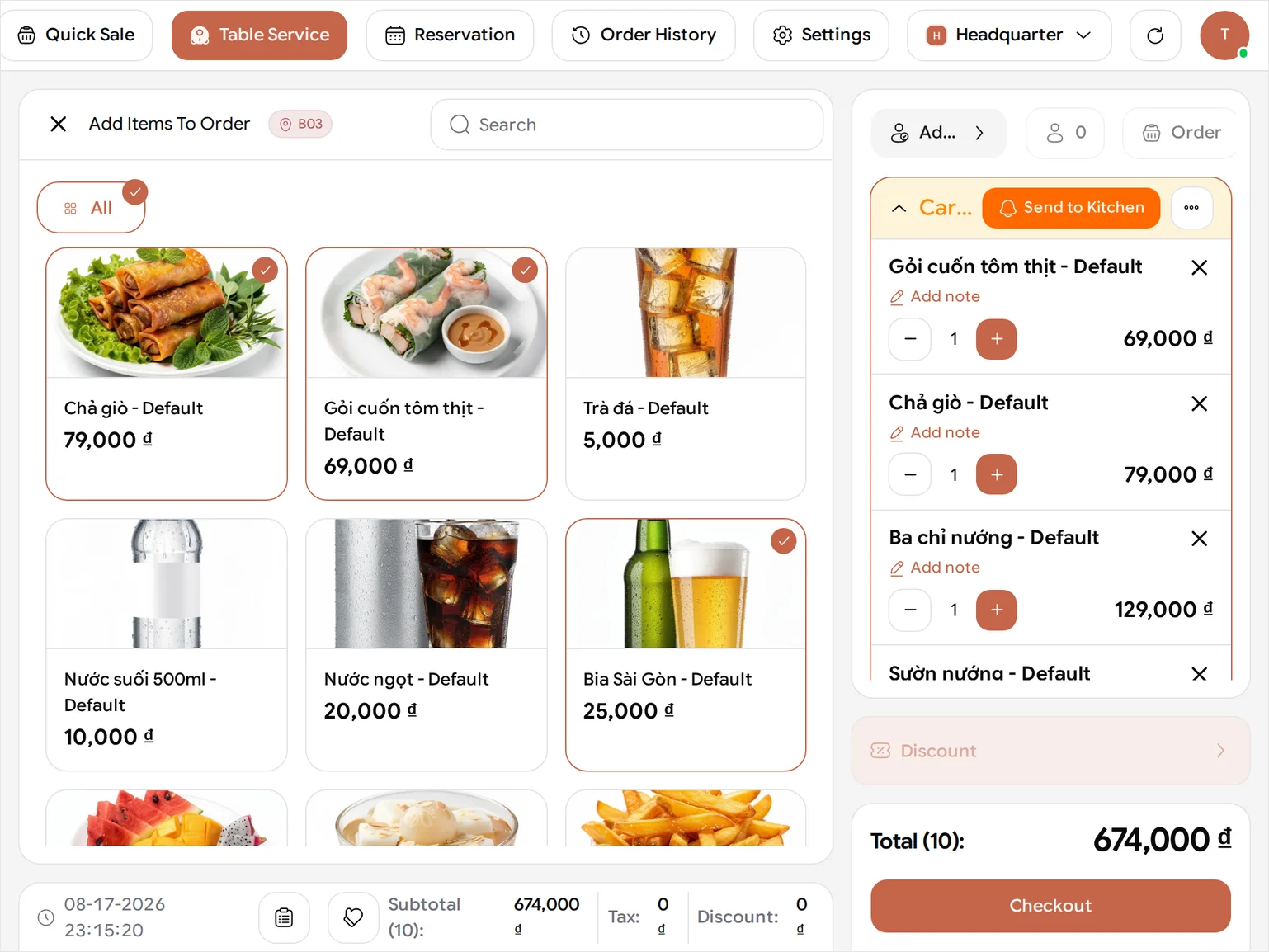 The BANA Sale menu screen headed Add Items To Order for table B03, with the dish grid on the left and an order panel holding the table's first round - Gỏi cuốn tôm thịt at 69,000 ₫, Chả giò at 79,000 ₫, Ba chỉ nướng at 129,000 ₫, Sườn nướng at 159,000 ₫, Rau nướng thập cẩm at 79,000 ₫ and Cơm chiên trứng at 59,000 ₫ at one each, plus 4 Bia Sài Gòn at 25,000 ₫ each for 100,000 ₫ - a Total (10) of 674,000 ₫ and a Checkout button