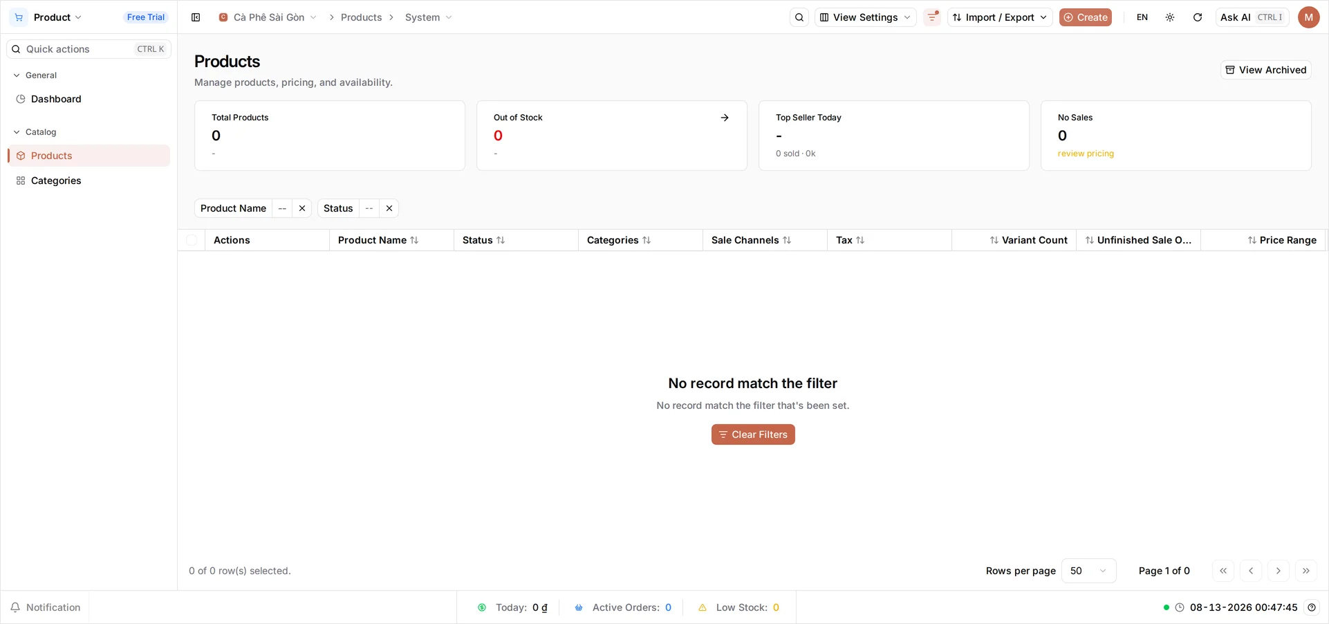 The Products page under Catalog in the sidebar: the heading 'Products — Manage products, pricing, and availability', four counters (Total Products, Out of Stock, Top Seller Today, No Sales) all reading zero, empty Product Name and Status filter chips above a table with no rows, and View Archived, Import / Export and Create in the top bar