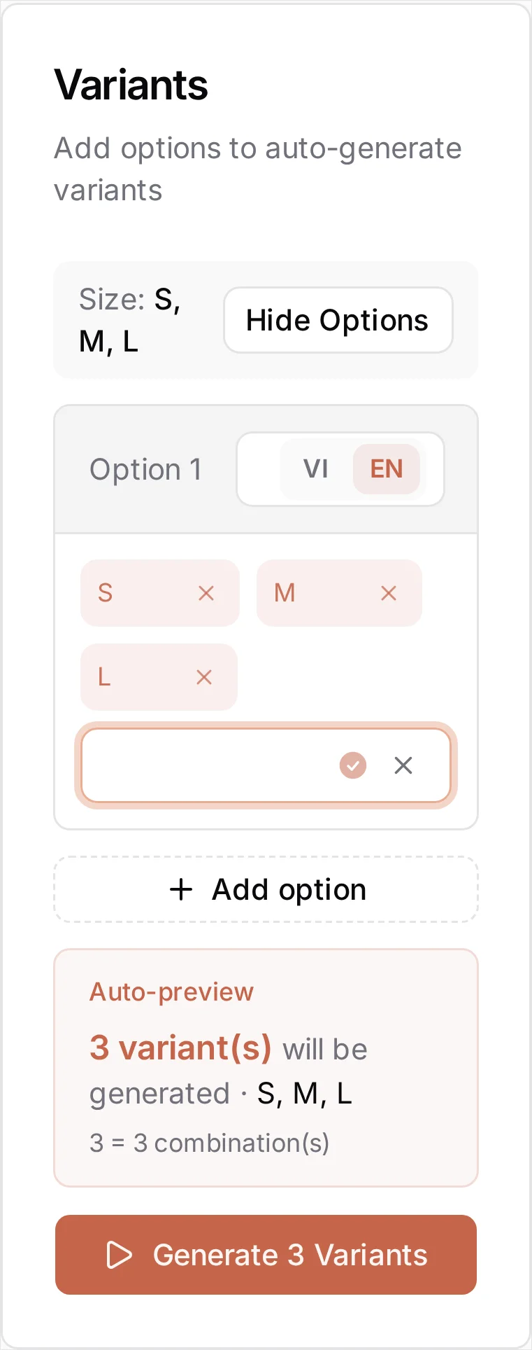 The Variants section with the option editor open and three option cards stacked: Option 1 named Size with the value chips S, M and L, Option 2 named Pha chế with Nóng and Đá, and Option 3 named Sữa with Sữa bò and Sữa hạt. An Auto-preview panel reads '12 variant(s) will be generated' and a full-width Generate 12 Variants button sits below it