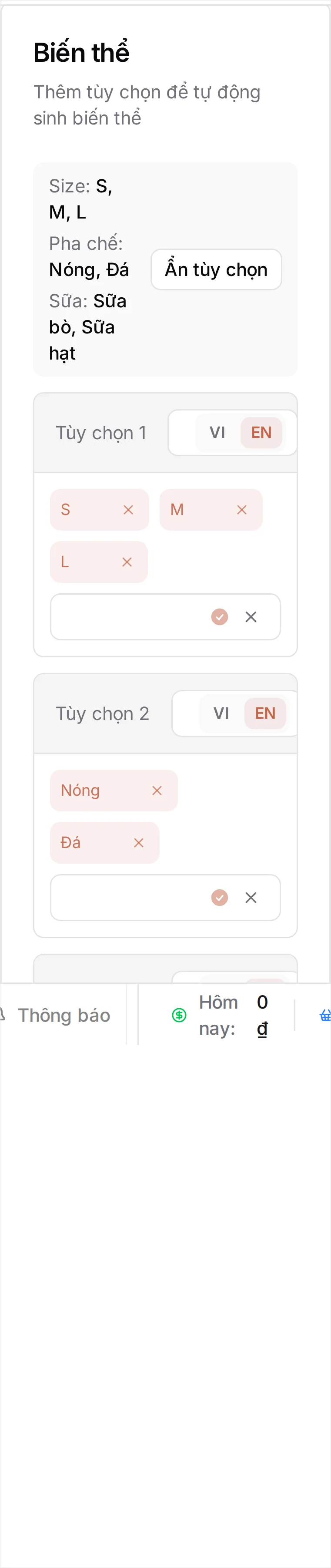 Mục Biến thể với trình soạn tùy chọn đang mở và ba thẻ tùy chọn xếp chồng: Tùy chọn 1 tên Size với các thẻ giá trị S, M, L; Tùy chọn 2 tên Pha chế với Nóng và Đá; Tùy chọn 3 tên Sữa với Sữa bò và Sữa hạt. Khung Tự động xem trước ghi '12 biến thể sẽ được tạo' và bên dưới là nút Tạo 12 biến thể chạy hết chiều ngang