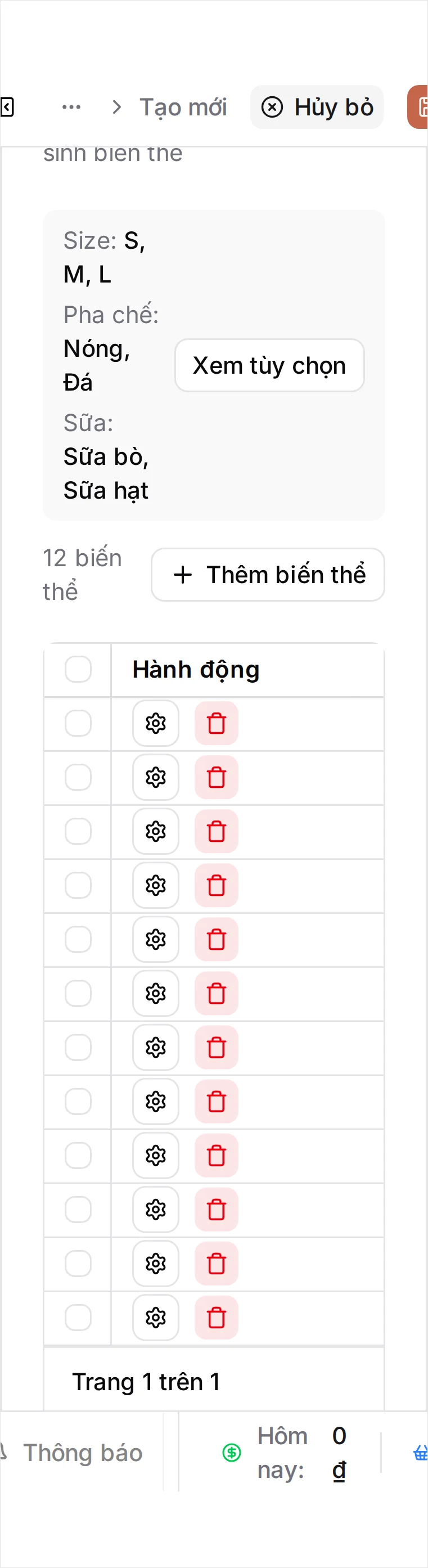 Bảng biến thể vừa tạo ghi '12 biến thể': các dòng S · Nóng · Sữa bò, S · Nóng · Sữa hạt, S · Đá · Sữa bò lần lượt cho tới L · Đá · Sữa hạt, với Giá bán điền từ 39.000 đ đến 55.000 đ. Trên điện thoại, cột Tên được ghim chiếm hết chiều ngang nên phần giá nằm ngoài màn hình