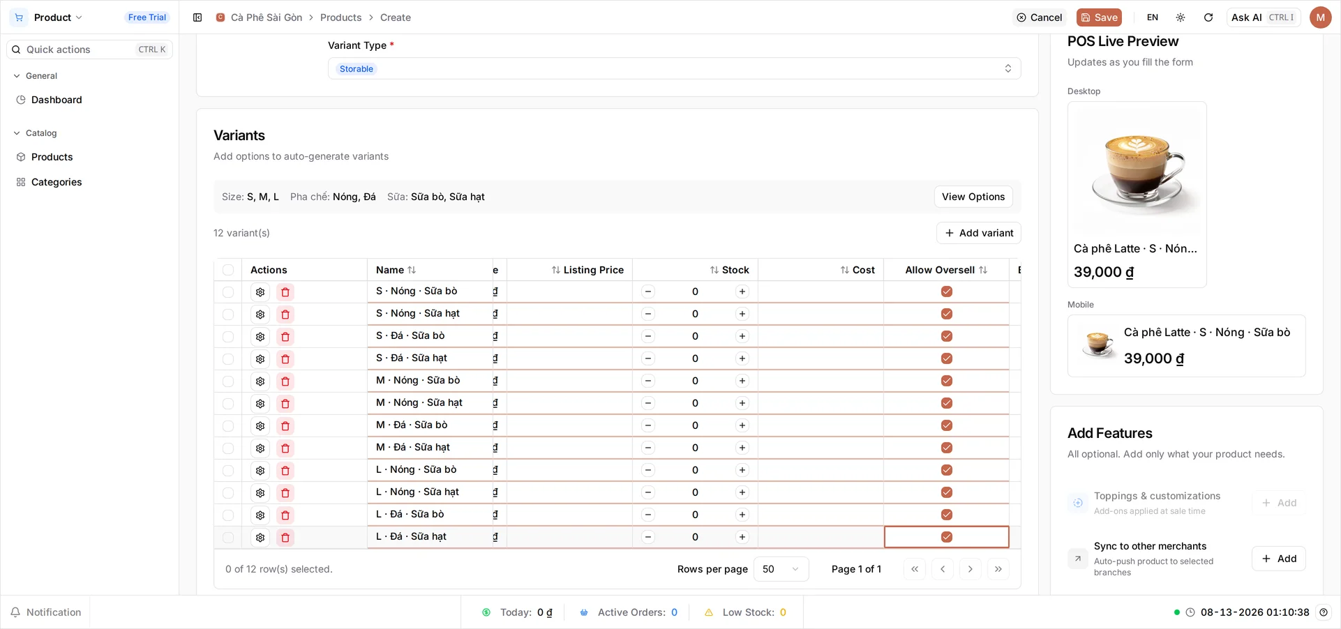 The same variant grid scrolled to the right: the pinned Name column still shows the twelve combinations, beside an empty Cost column and an Allow Oversell column with every box ticked. On a phone only the pinned Name column fits, so the tickboxes stay off-screen