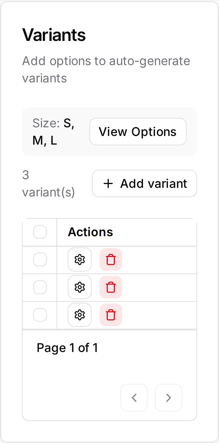 The same variant grid scrolled to the right: the pinned Name column still shows the twelve combinations, beside an empty Cost column and an Allow Oversell column with every box ticked. On a phone only the pinned Name column fits, so the tickboxes stay off-screen