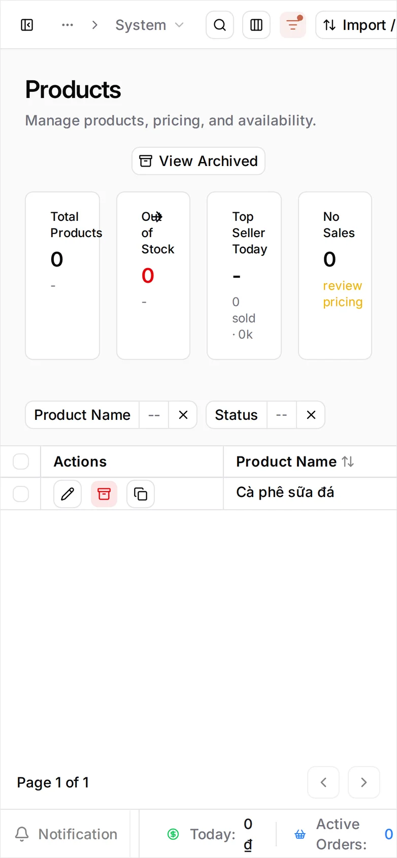 The product list with one row: Cà phê Latte, Status Activated, the Đồ uống category badge and the three sale channels it sells on