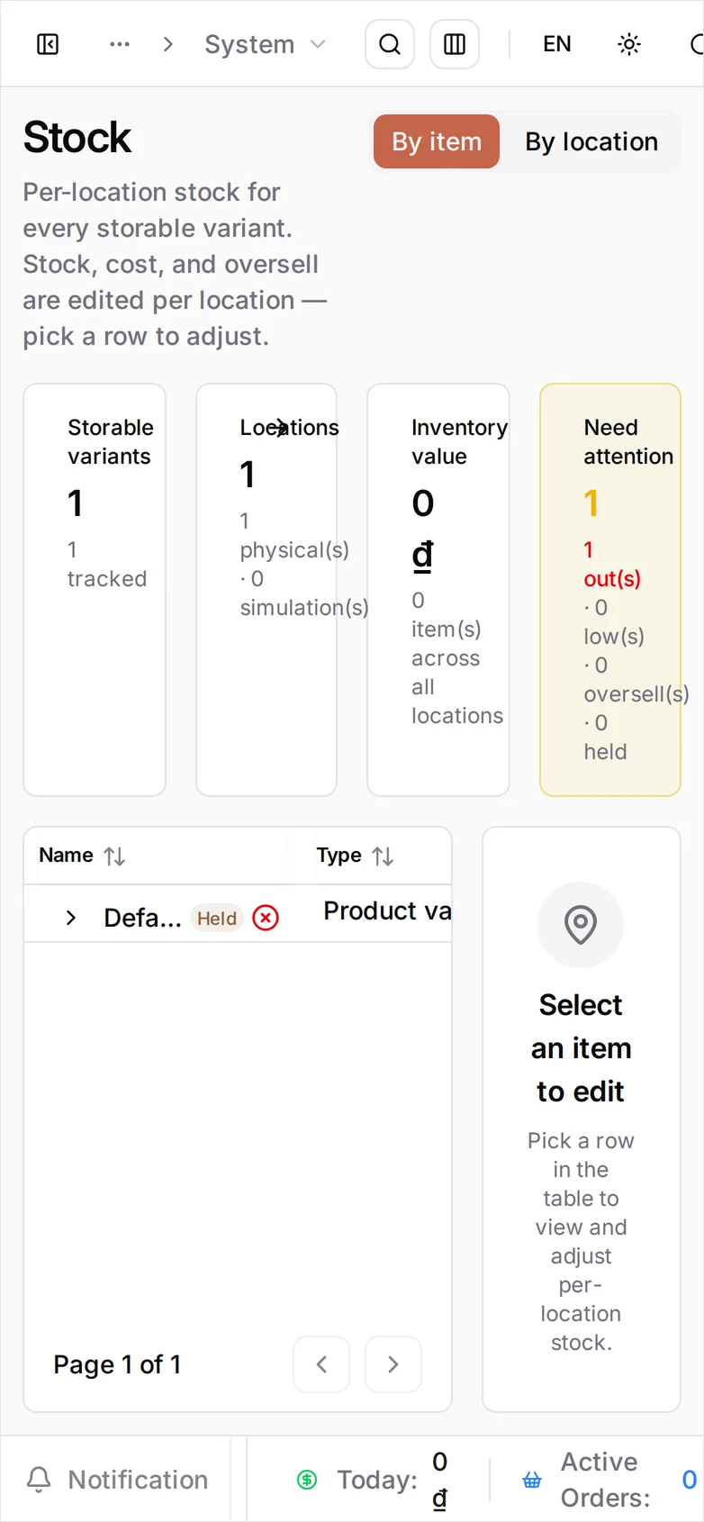 The Stock screen at phone width, the table clipped to its Name and Type columns