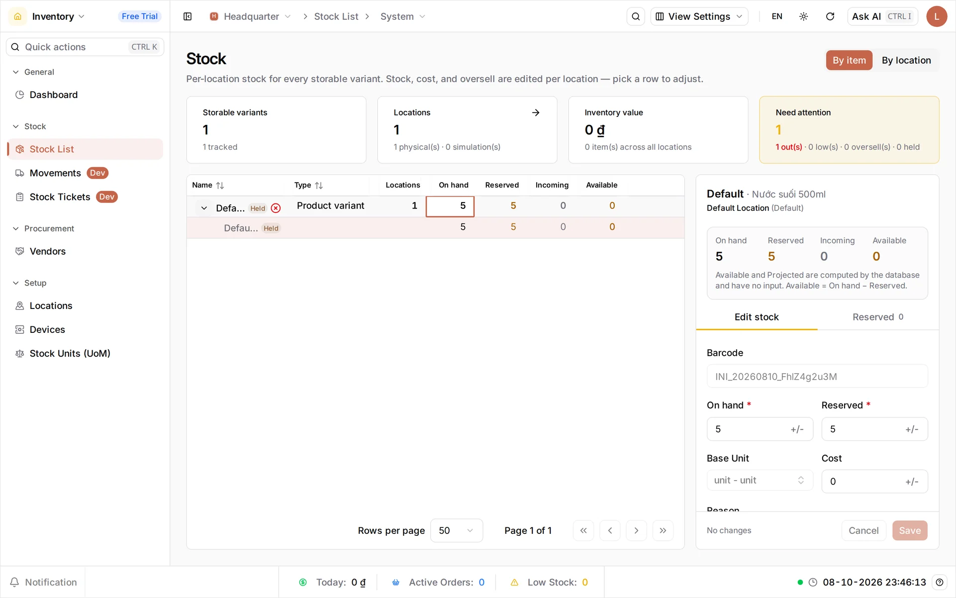 The Edit Stock panel summary showing On hand 5, Reserved 5 and Available 0, with the note 'Available and Projected are computed by the database and have no input. Available = On hand − Reserved.' and a 'See 2 holder(s)' link