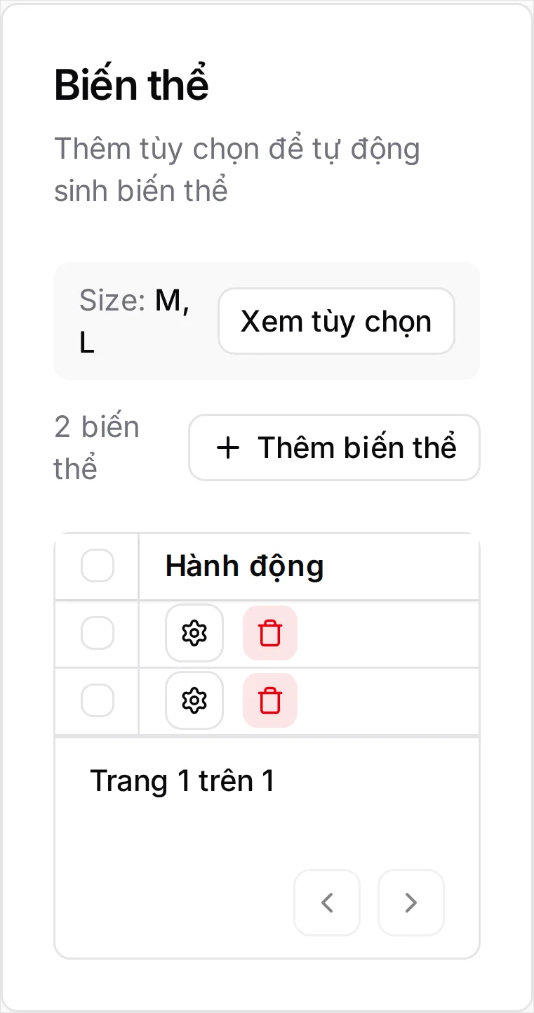 Vẫn khu Biến thể đó trên màn hình điện thoại: bảng bị cắt còn mỗi cột Hành động, nên các ô tích Cho phép bán quá mức nằm hẳn ngoài màn hình