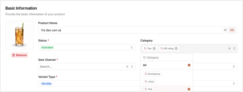The Category field on the Create Product form with two categories chosen for Trà đào cam sả — Đồ uống and Tea — held together in the one field, with the café's other categories listed below it